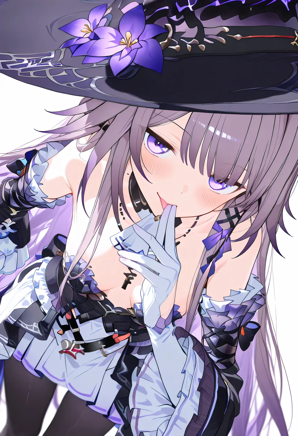 NSFW, milky hand, licking her fingers, delicious, blushing, The Herta,the herta \(honkai star rail\), 1girl, hat, solo, leotard, bodystocking, jewelry, frills, black leotard, witch hat, black headwear, necklace, black choker, hat flower,score_9,score_8_up,score_7_up,score_6_up, masterpiece,best quality, witch hat,purple eyes,long hair,dress,looking at viewer, extremely close view, pointy ears, purple eyes, (Herta), white gloves, crossing hand gesture, delicate pose, dynamic angle, leaning forward, dutch angle, from side, head tilt, lovely pose, smile, detached sleeves,bare shoulders,breasts,grey hair,cowboy_shot,pantyhose,white_background,key necklace, depth of field, fixed hand