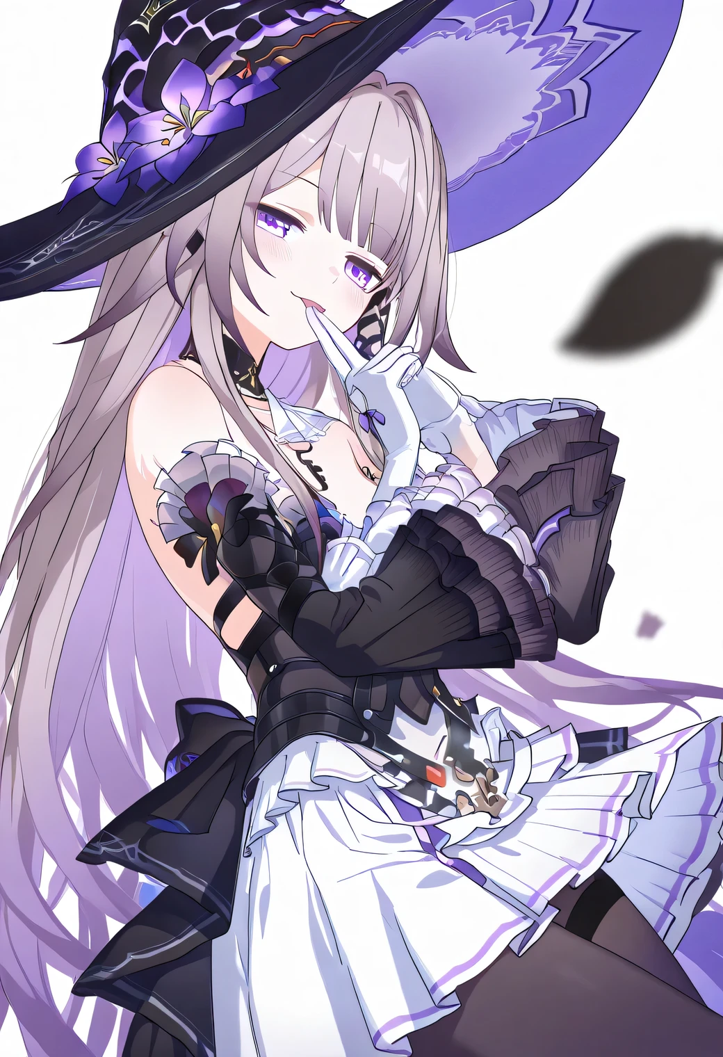 NSFW, milky hand, licking her fingers, delicious, blushing, The Herta,the herta \(honkai star rail\), 1girl, hat, solo, leotard, bodystocking, jewelry, frills, black leotard, witch hat, black headwear, necklace, black choker, hat flower,score_9,score_8_up,score_7_up,score_6_up, masterpiece,best quality, witch hat,purple eyes,long hair,dress,looking at viewer, extremely close view, pointy ears, purple eyes, (Herta), white gloves, crossing hand gesture, delicate pose, dynamic angle, leaning forward, dutch angle, from side, head tilt, lovely pose, smile, detached sleeves,bare shoulders,breasts,grey hair,cowboy_shot,pantyhose,white_background,key necklace, depth of field, fixed hand