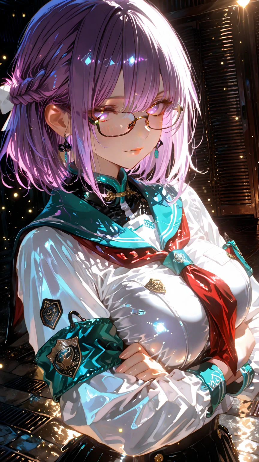 (masterpiece, 最High Quality, ultra detail),
female high school discipline officer in traditional sailor uniform、wearing armbands and glasses,
Hall in front of the school gate々Stand, standing with arms crossed,
wearing armbands and glasses,
an atmosphere of strict discipline and authority
dynamic angle,High Quality, Perfect picture, 超detailsな, upper body、close-up、 long purple hair,odd-eye、Ultra Saggy Breasts 、Sexy Outfits、Half Up Braid、Half Up Braid、seductive、 Devilish Beauty 、knee-length boots、 close-up、high definition、Exquisite Description、Dramatic way to write、 dramatic lights and shadows、 Brilliant Color Effects、 overwhelming beauty、dark effect, illuminated by soft golden and silver light, Reflections of light reflected on wet ground, 美しい顔のdetails、very large breasts:1.5、 Dynamic, Iridescent Eyes, High tech elements, cinematicな照明, 非常にdetails、light particles、 light/Dark Method、8k、 超details、cinematic,twist,(shutter speed),line, from the front, details,Clear Focus,Dramatic Shadows, perfect anatomy, detailsな服装,HDR,Film-like Writing,Global Illuminations,radial composition