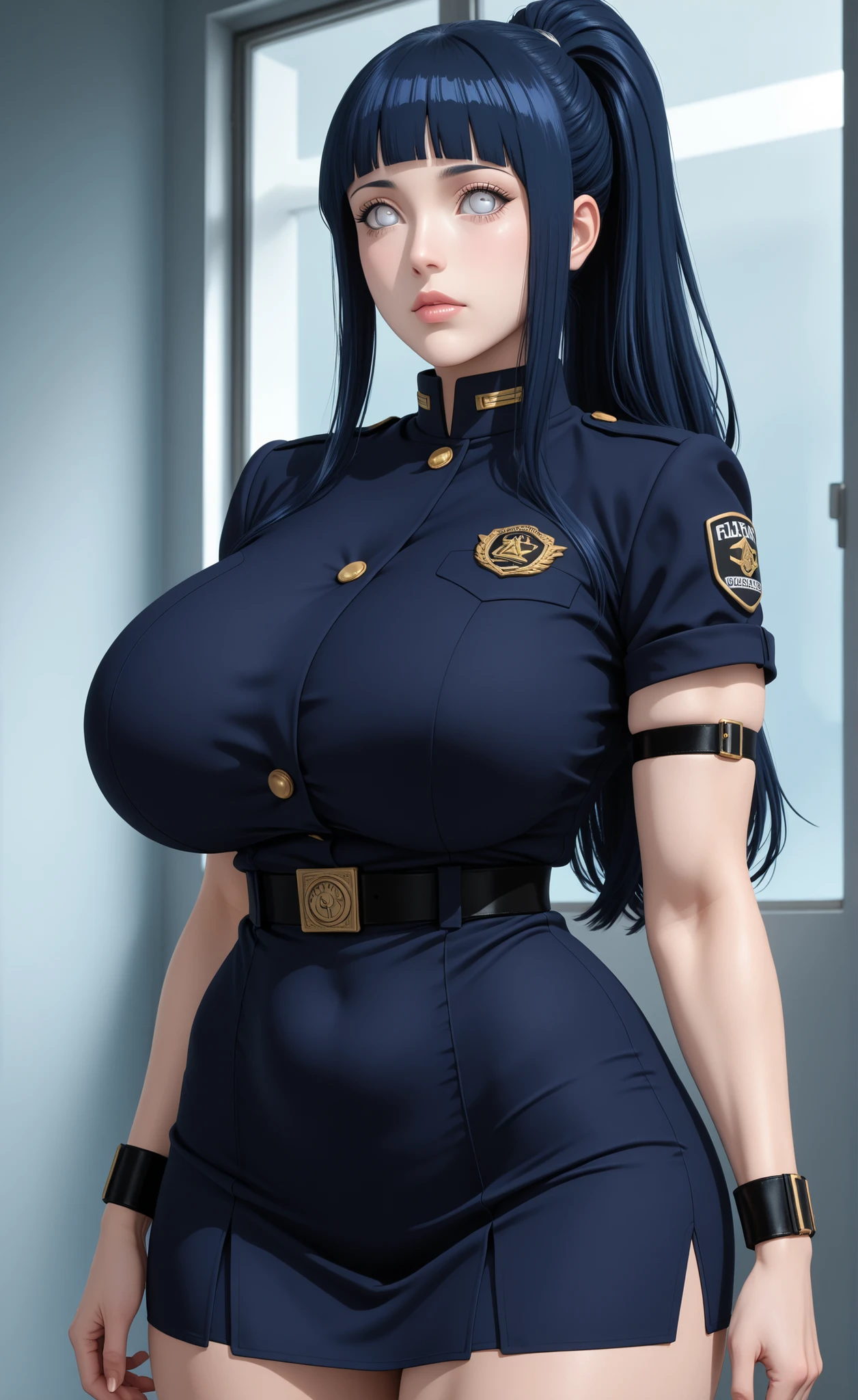 1Female, BEAUTY Woman Dressed in student Disciplinary Comittee uniform. Disciplinary Comittee Arm Band, Standing With Calm and Authority Demeanor, Hyūga Hinata, Dark Blue Hair, Long Hair, Alternate Ponytail Hairstyle, Long Side-Bangs, White Eyes, , Curvy Fitness Body, Fair-Skinned Body