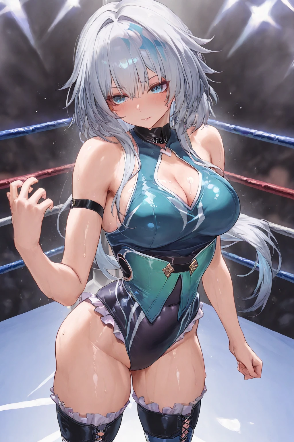 Realistic, photorealistic portrait of a beautiful young woman with thick thighs, silver short hair、Blue eyes、(eye focus:1.3, face focus, cowboy shot),(Gradient eyes:1.3),(mini skirt: 1.5, showing panties, sitting
)、(scornful grin:1.3), (tareme:1.3),4K resolution, best quality, masterpiece, ((Raise your arms, Expose your armpits)), thick muscular thighs, (strong wrestler, wrestling wear), (wet body: 1.3), (steam: 1.3)