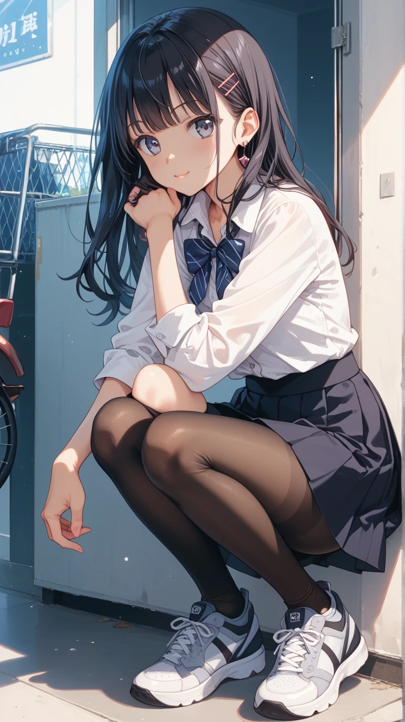 the best, masterpiece, HD, (whole body), frontal lobe, Symmetrical, mature high school girls, alone, (whole body from head to toe), small , long hair, slightly messy hair，Black hair, (black leggings), ( (black pantyhose), black pantyhose, (composition where she is made to sit and lift her leg and make her leg open), composition Showing white panties, slender beautiful leg, a very pretty 17 year old girl (no shoes) leg), blush, shy big eyes, messy hair, looking at camera, Showing white panties, White ruffled underwear，I can see white panties, High School Suit Jacket, High school white shirt, high school with blue ribbon, High-end short plaid navy blue pleated skirt