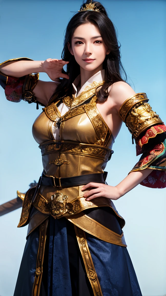 Tall and cute idol knight、whole body、Good style、、、、、、、、、、Tanned thick legs、、Gold and black armor suit（Monkey embroidery、Passionate Banana Mantle）、、Neat and clean idol face、Crimson shorthair、A fiery battlefield