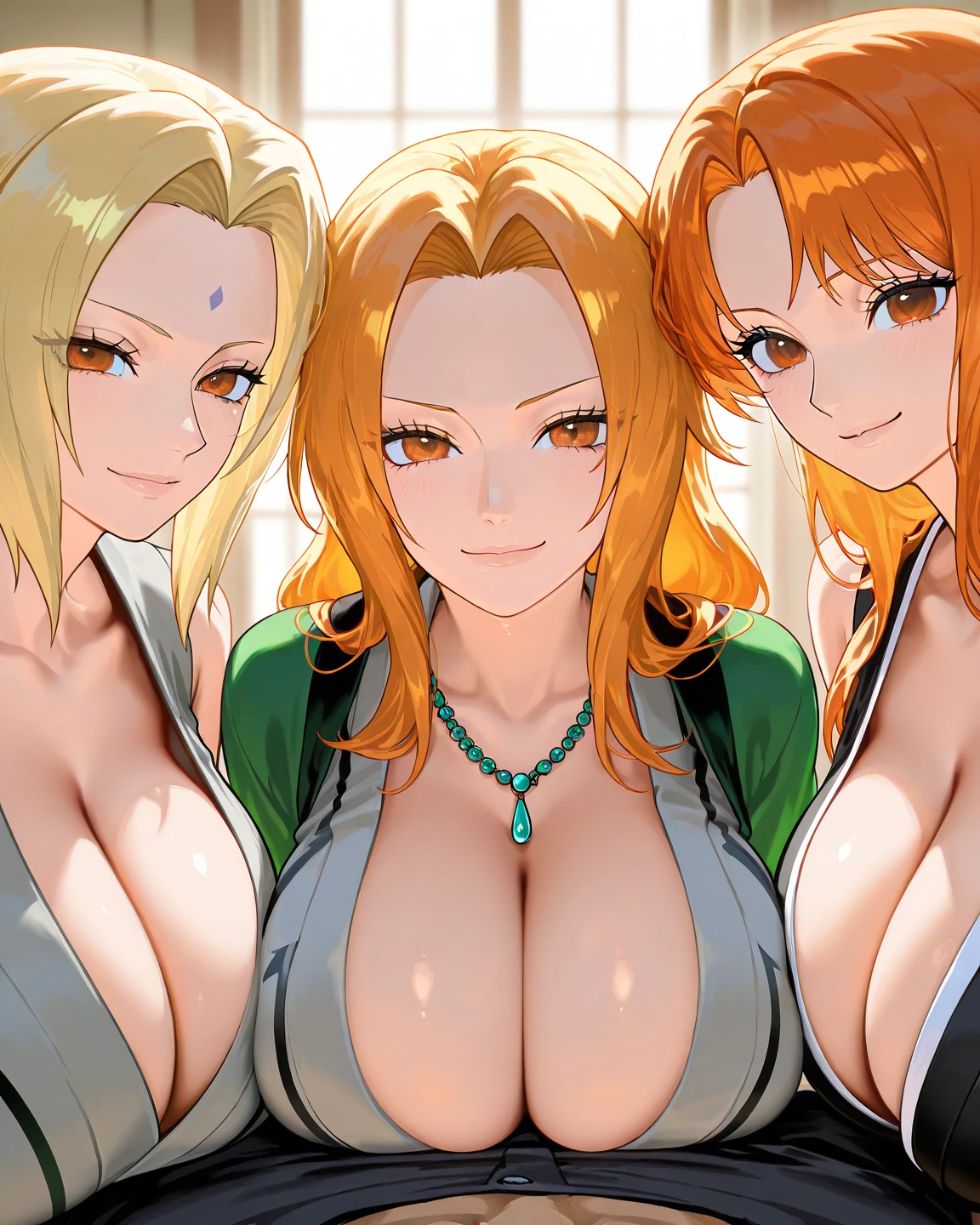 (enormes tetas), escote, buena anatomia Film movie still，tsunade、Se destaca、30 years、piel palida、sonrisas inocentes、(A detailed Face)、(piel detallada)、wet，Los detalles son complejos、Shallow depth oF Field、[volume Fog]、movie lighting、ReFlectors、una Canon EOS R5、lente de 50 mm、F / 2.8、shot at 8k resolution、de cerca，inside the room，escritorios，verdor,((huge tits))