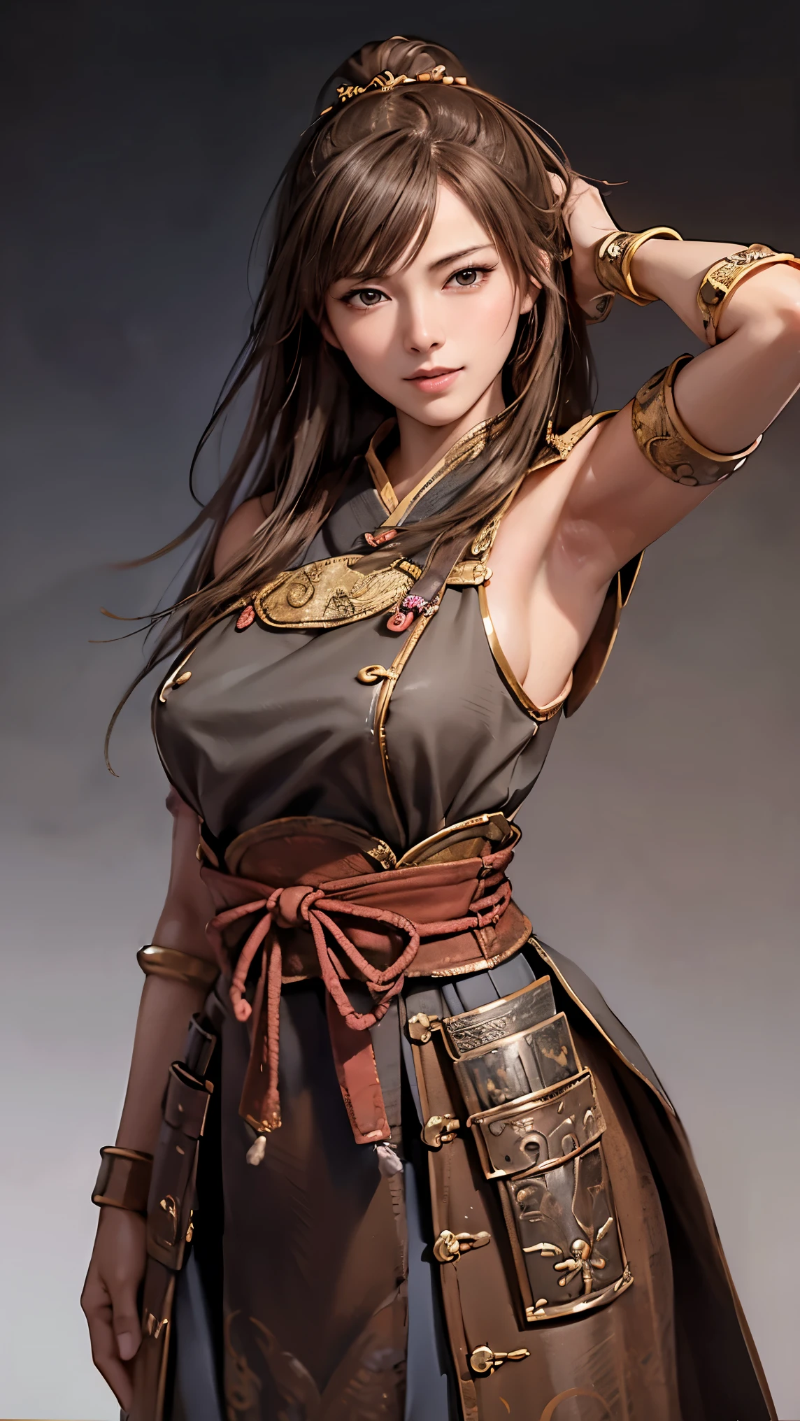 cowboy shot、Highest Quality, Ultra High Def 、 beautiful beautiful woman 、simple background、smile、8k、perfection,   shiny skin,  Pose , beautiful models in an old village,  armpit,  Art , ancient Chinese helmets,  cute faces getting creampied ,   young woman with her hands crotched、dark black hair、 short hair、両armpitでキラキラと光る,  adipose muscle、clean skin、 white skin, Highest Quality, very detailed, fine, Nothing,  8K electronic wallpaper  , beautiful in every detail, perfectionなダイナミックコンポジション, Beautifully Detailed,  detailed hair for a calm face , Detailed realistic skin texture, smile, Hand guard、white costume