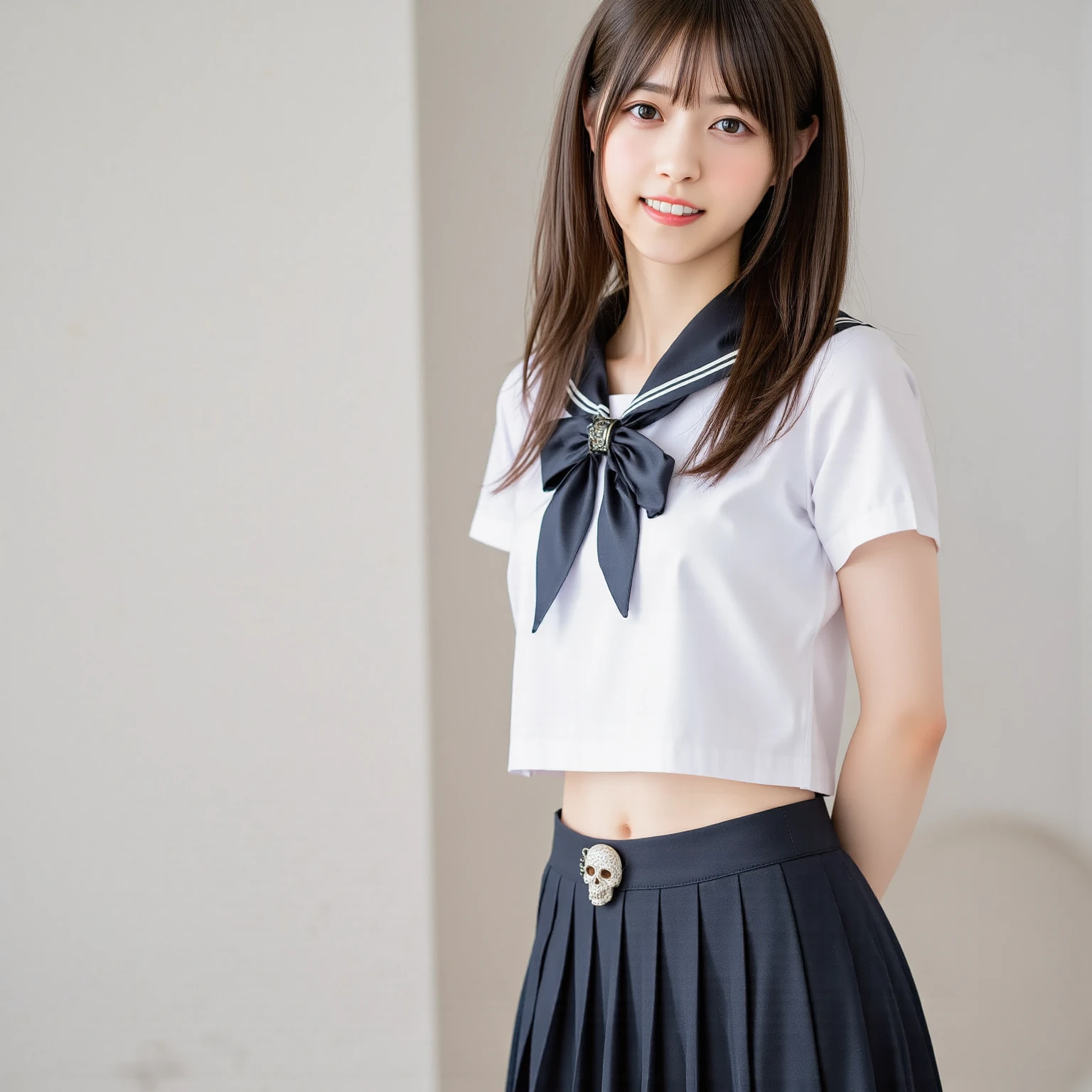 (masterpiece, highest quality:1.2), 8K, young beautiful girl, 85mm,Official AR RAW Photos, baby face、clothed 、show me your ears、photo shoot, cute face, thighs, After school classroom, looking at the viewer, embarrassing、smile、no makeup, film grain, chromatic aberration, sharp focus, face light, clear lighting, Ten generations, detailed face, background bokeh、((((((16 year old high school girl))))))、thin waist、sailor suit、navy blue 、Lift up the skirt with one hand'hand、White tiny 、Wet、open your legs