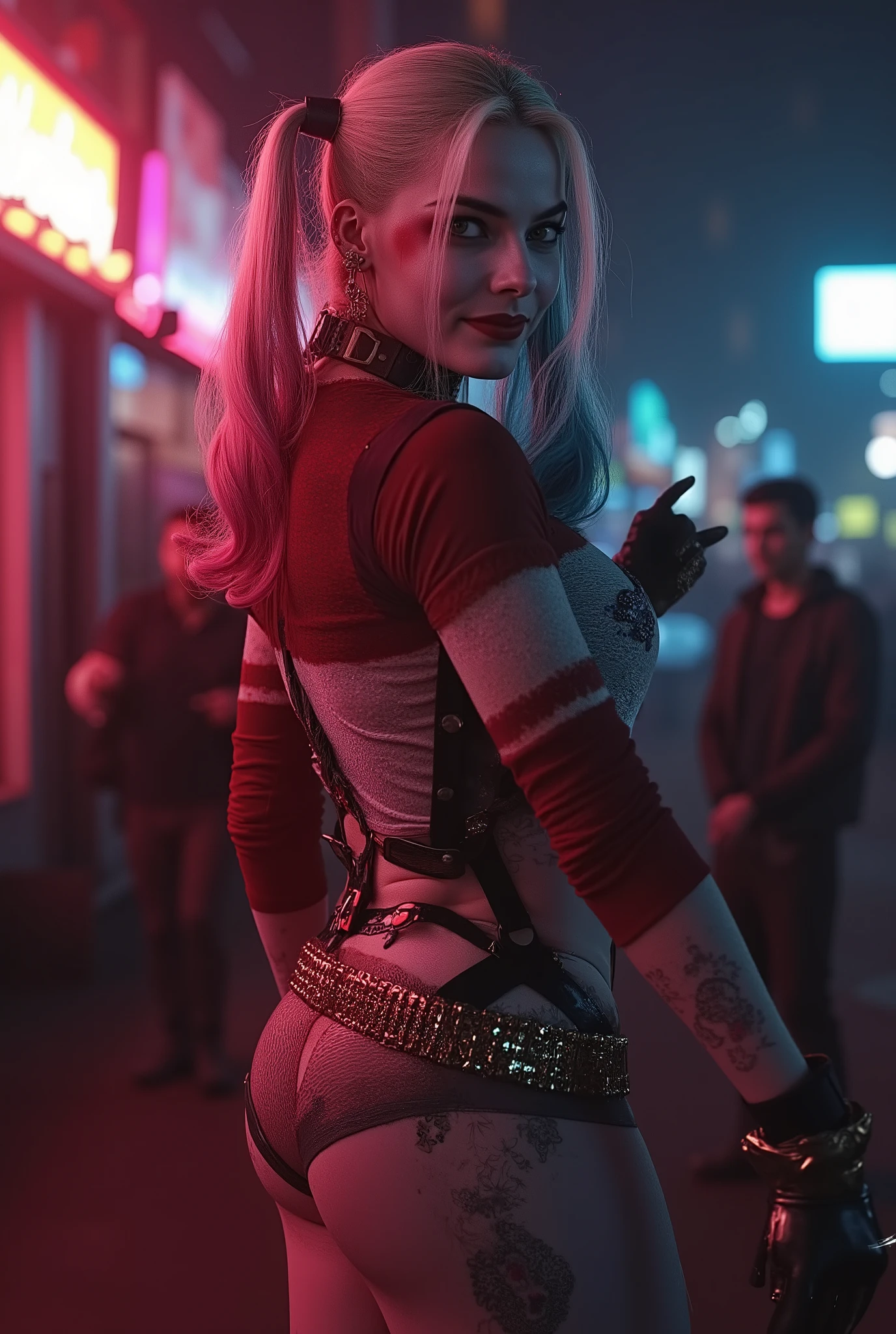 A realistic photo of the character Harley Quin she has her back looking back over her shoulder her ass is big beautiful and wide ,her sexy body she wears very small v-shaped panties the panties are transparent and a shirt closed with her tits she gives off a light smile and an ordinary look the environment is dark with some Miami-themed neon lights , imagem tamanho 16:9 , Is it possible to see her thick, beautiful and wide thighs , a man next to her is admiring her ass at the same time he touches her ass to feel the texture