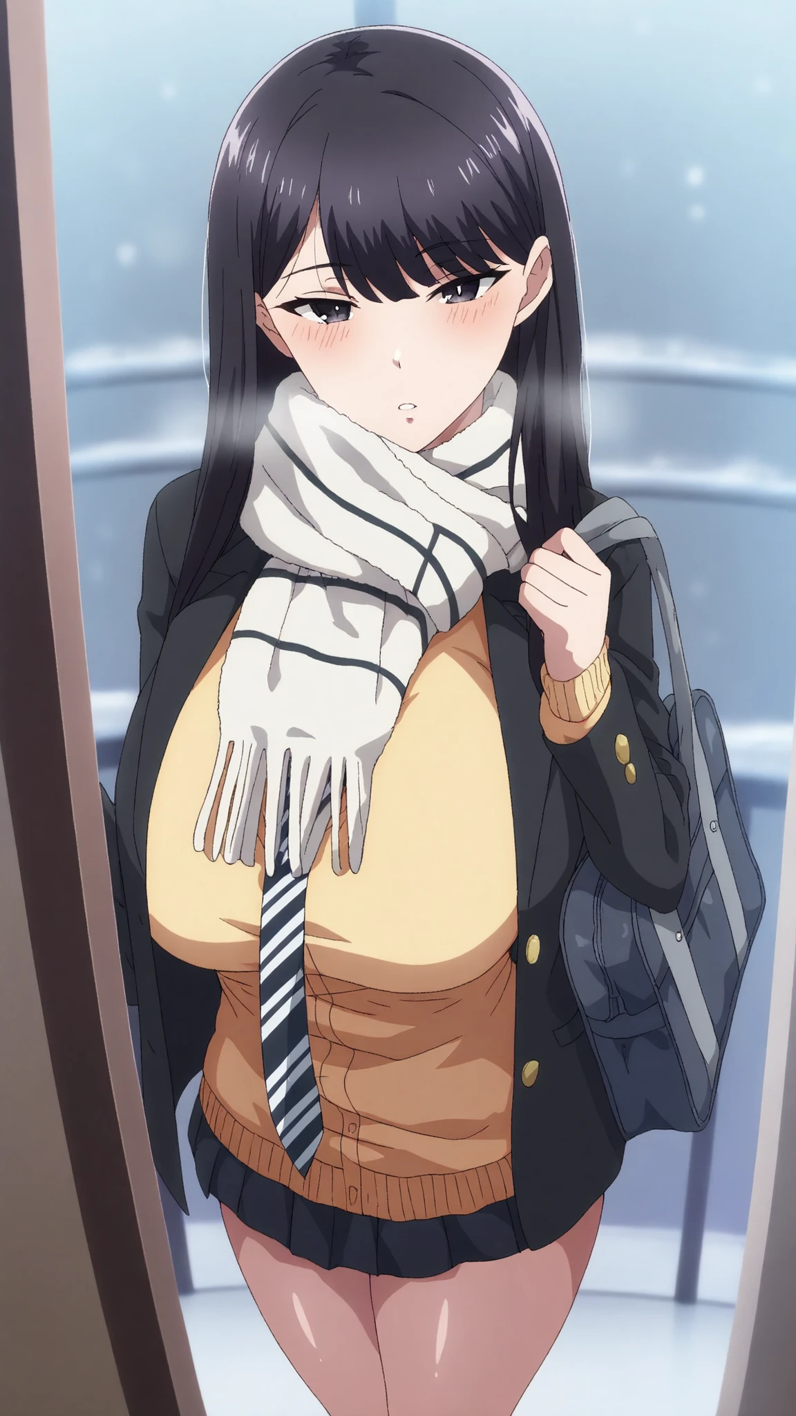 1girl,solo,mm,mature woman,LONG HAIR,dark haired,dark eyes,Bang,chest,anime painted,
school uniform,black jacket,Scarf,yellow cardigan,white shirt,necktie,striped necktie,pleated skirt,cold,Light Blush, Flatted Lips, breathe,entrance, Entrance, satchel, Light Brow Wrinkles, 
,masterpiece,Highest Quality,great quality,lazy position,lazynsfw,Scenery,