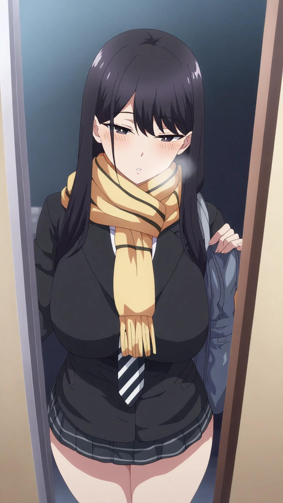 1girl,solo,mm,mature woman,LONG HAIR,dark haired,dark eyes,Bang,chest,anime painted,
school uniform,black jacket,Scarf,yellow cardigan,white shirt,necktie,striped necktie,pleated skirt,cold,Light Blush, Flatted Lips, breathe,entrance, Entrance, satchel, Light Brow Wrinkles, 
,masterpiece,Highest Quality,great quality,lazy position,lazynsfw,Scenery,