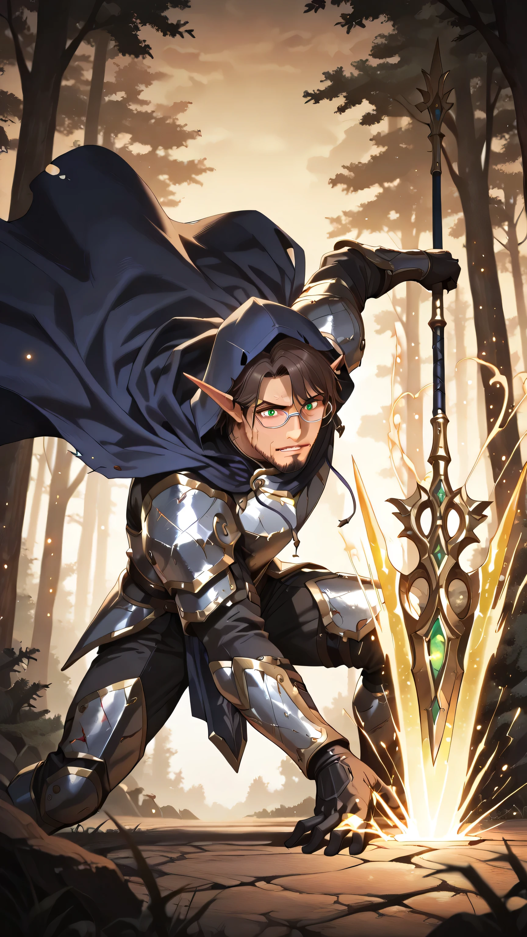 masterpiece, ultra-detailed, best quality, (1 boy, male elf, ethereal warrior mage, (silver eyeglasses, small eyeglasses), (right hand thrusting spear forward, ornate spear), (left hand raised with golden glowing healing magic radiating from open palm, warm light particles floating upward, restorative energy swirling), lightweight enchanted armor with battle damage, dark blue flowing hooded cloak billowing dramatically, brown hair tousled from combat, sharp facial features, ((facial hair)), emerald eyes glowing with magical intensity, determined grimace, dynamic standing combat stance), forest clearing battlefield, fallen dead goblins, spell effects, dramatic side lighting, fantasy art style, action shot, three-quarter view