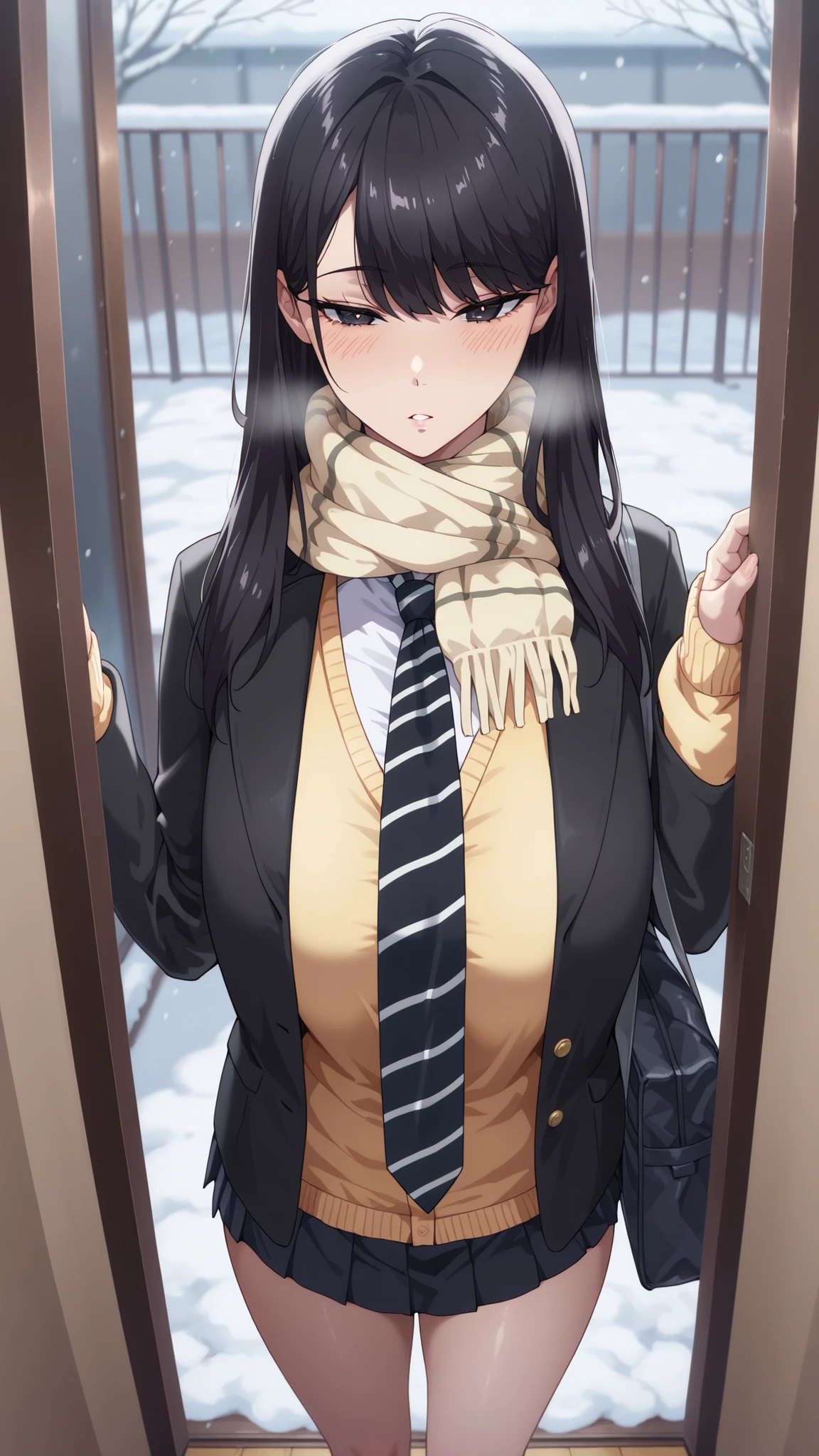 1girl,solo,mm,mature woman,LONG HAIR,dark haired,dark eyes,Bang,chest,
school uniform,black jacket,Scarf,yellow cardigan,white shirt,necktie,striped necktie,pleated skirt,cold,Light Blush, Flatted Lips, breathe,entrance, Entrance, satchel, Light Brow Wrinkles, 
,masterpiece,Highest Quality,great quality,lazy position,lazynsfw,Scenery,