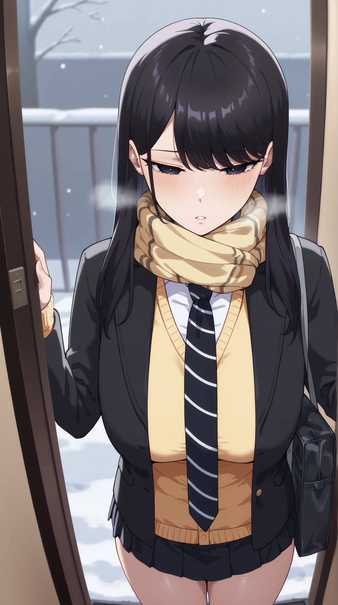 1girl,solo,mm,mature woman,LONG HAIR,dark haired,dark eyes,Bang,chest,
school uniform,black jacket,Scarf,yellow cardigan,white shirt,necktie,striped necktie,pleated skirt,cold,Light Blush, Flatted Lips, breathe,entrance, Entrance, satchel, Light Brow Wrinkles, 
,masterpiece,Highest Quality,great quality,lazy position,lazynsfw,Scenery,