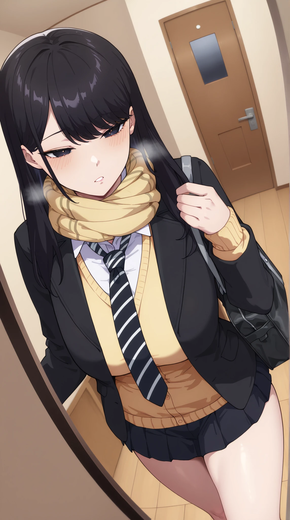 1girl,solo,mm,mature woman,LONG HAIR,dark haired,dark eyes,Bang,chest,
school uniform,black jacket,Scarf,yellow cardigan,white shirt,necktie,striped necktie,pleated skirt,cold,Light Blush, Flatted Lips, breathe,entrance, Entrance, satchel, Light Brow Wrinkles, 
,masterpiece,Highest Quality,great quality,lazy position,lazynsfw,Scenery,