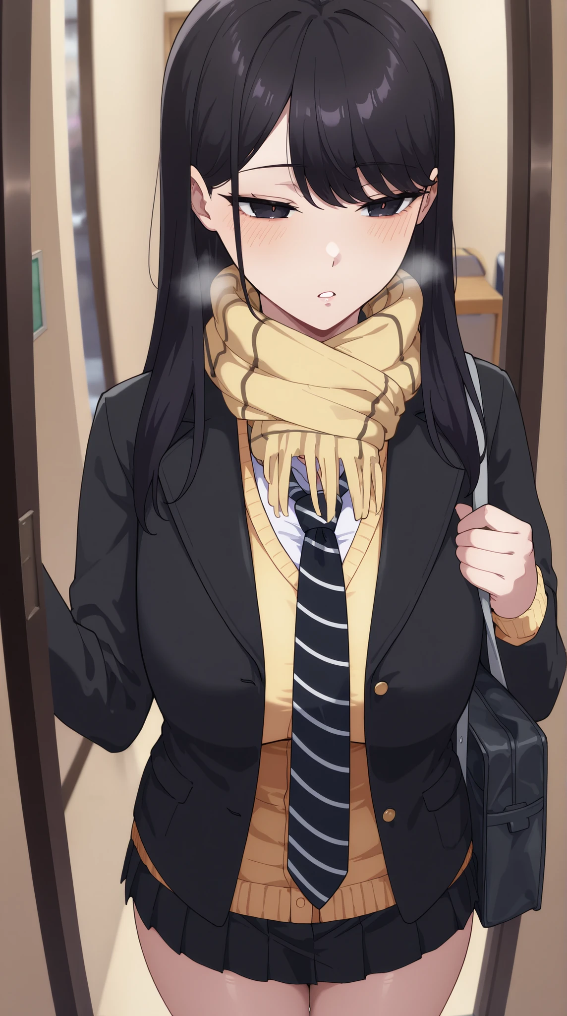 1girl,solo,mm,mature woman,LONG HAIR,dark haired,dark eyes,Bang,chest,
school uniform,black jacket,Scarf,yellow cardigan,white shirt,necktie,striped necktie,pleated skirt,cold,Light Blush, Flatted Lips, breathe,entrance, Entrance, satchel, Light Brow Wrinkles,
,masterpiece,Highest Quality,great quality,lazy position,lazynsfw,Scenery,