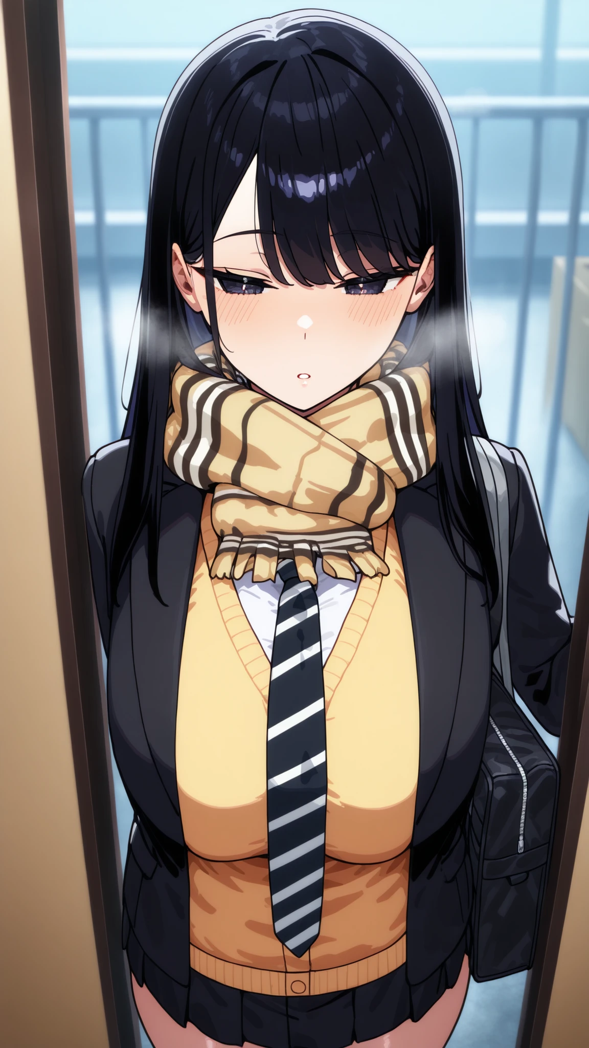 1girl,solo,mm,mature woman,LONG HAIR,dark haired,dark eyes,Bang,chest,
school uniform,black jacket,Scarf,yellow cardigan,white shirt,necktie,striped necktie,pleated skirt,cold,Light Blush, Flatted Lips, breathe,entrance, Entrance, satchel, Light Brow Wrinkles,
,masterpiece,Highest Quality,great quality,lazy position,lazynsfw,Scenery,