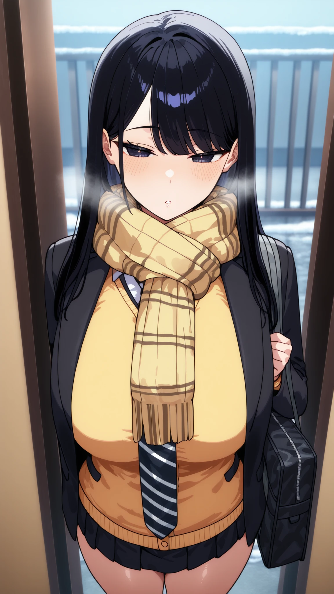 1girl,solo,mm,mature woman,LONG HAIR,dark haired,dark eyes,Bang,chest,
school uniform,black jacket,Scarf,yellow cardigan,white shirt,necktie,striped necktie,pleated skirt,cold,Light Blush, Flatted Lips, breathe,entrance, Entrance, satchel, Light Brow Wrinkles, 
,masterpiece,Highest Quality,great quality,lazy position,lazynsfw,Scenery,