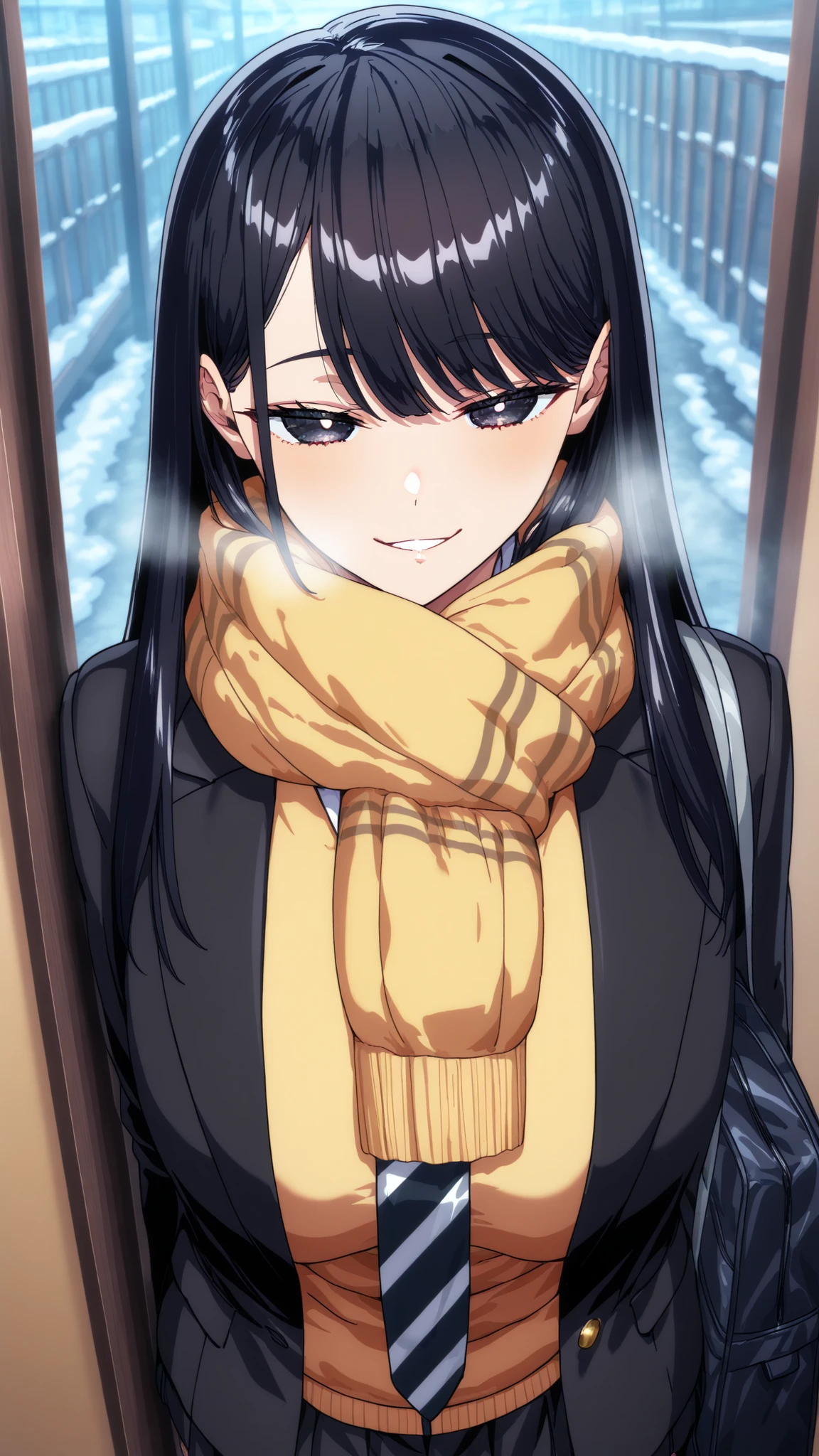 (Yokota Mamoru style),staring at the viewer,charming smile,(portrait :1.4),1girl,solo,mm,mature woman,LONG HAIR,dark haired,dark eyes,Bang,chest,
school uniform,black jacket,Scarf,yellow cardigan,white shirt,necktie,striped necktie,pleated skirt,cold,Light Blush, Flatted Lips, breathe,entrance, Entrance, satchel, Light Brow Wrinkles, 
,masterpiece,Highest Quality,great quality,lazy position,lazynsfw,Scenery,