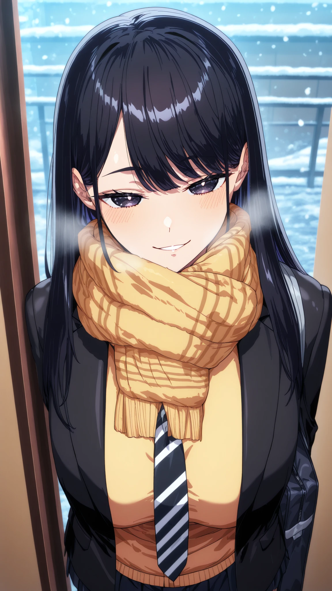 (Yokota Mamoru style),staring at the viewer,charming smile,(portrait :1.4),1girl,solo,mm,mature woman,LONG HAIR,dark haired,dark eyes,Bang,chest,
school uniform,black jacket,Scarf,yellow cardigan,white shirt,necktie,striped necktie,pleated skirt,cold,Light Blush, Flatted Lips, breathe,entrance, Entrance, satchel, Light Brow Wrinkles,
,masterpiece,Highest Quality,great quality,lazy position,lazynsfw,Scenery,