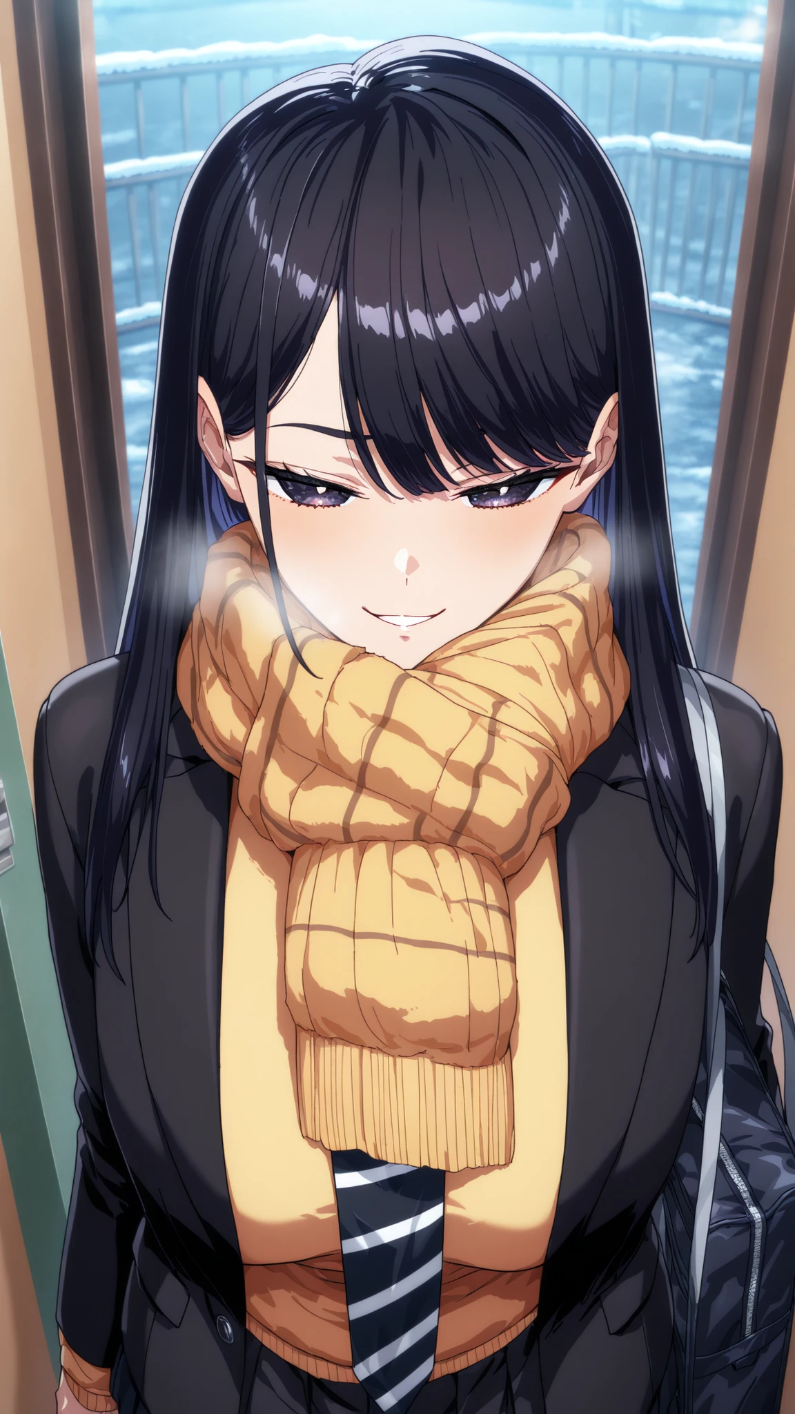 (Yokota Mamoru style),staring at the viewer,charming smile,(portrait :1.4),1girl,solo,mm,mature woman,LONG HAIR,dark haired,dark eyes,Bang,chest,
school uniform,black jacket,Scarf,yellow cardigan,white shirt,necktie,striped necktie,pleated skirt,cold,Light Blush, Flatted Lips, breathe,entrance, Entrance, satchel, Light Brow Wrinkles,
,masterpiece,Highest Quality,great quality,lazy position,lazynsfw,Scenery,