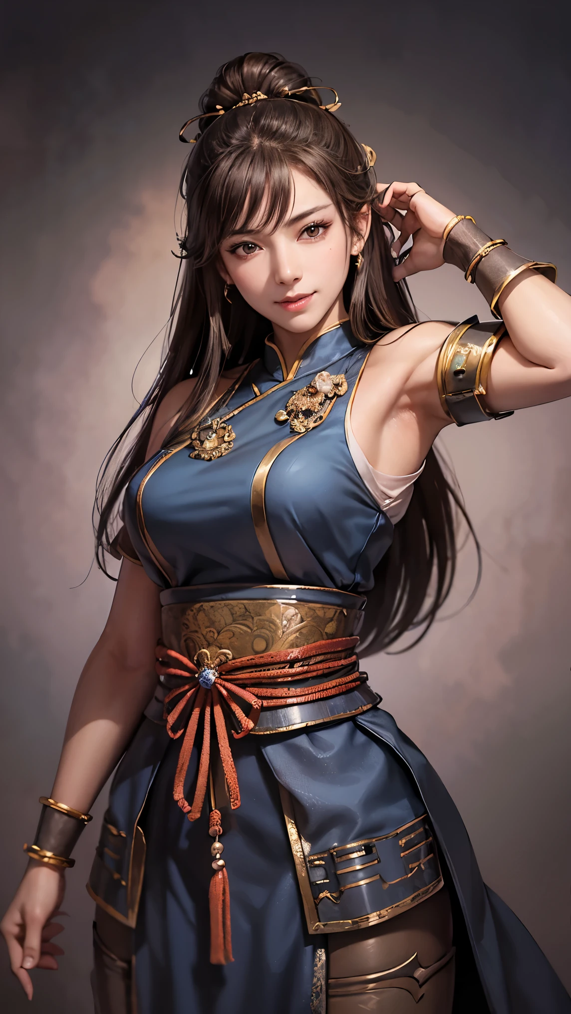 cowboy shot、Highest Quality, Ultra High Def 、 beautiful beautiful woman 、simple background、smile、8k、perfection,   shiny skin,  Pose , beautiful models in an old village,  armpit,  Art , ancient Chinese helmets,  cute faces getting creampied ,   young woman with her hands crotched、dark black hair、 short hair、両armpitでキラキラと光る,  adipose muscle、clean skin、 white skin, Highest Quality, very detailed, fine, Nothing,  8K electronic wallpaper  , beautiful in every detail, perfectionなダイナミックコンポジション, Beautifully Detailed,  detailed hair for a calm face , Detailed realistic skin texture, smile, Hand guard、navy blue costume