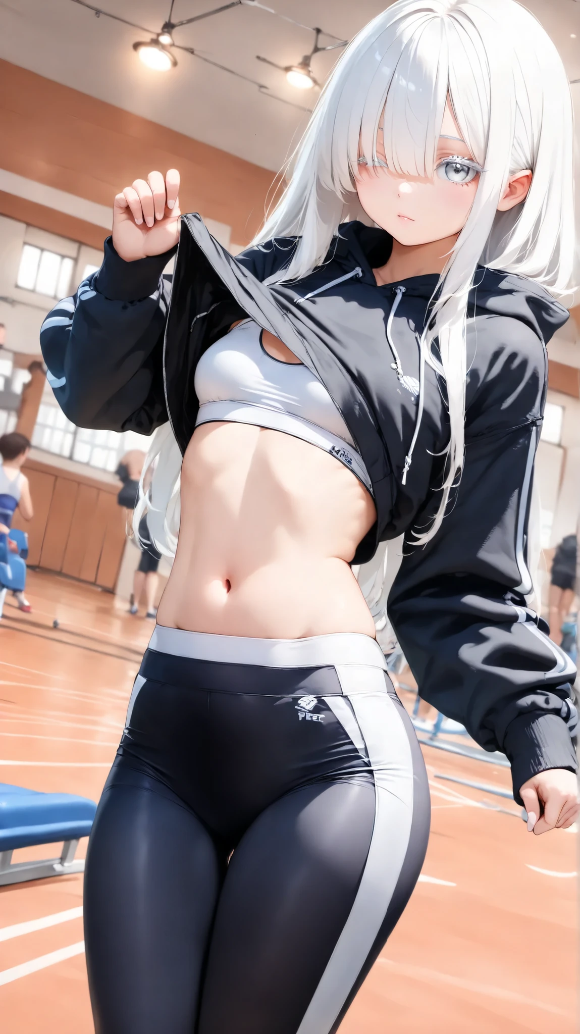 ((masterpiecce, best quality, cinematic lighting、2.5D、1girl, only girl)) ((white hair、White eyelashes、one eye hidden by long bangs、small breasts)) (black hoodie、Black Leggings、white sports bra、Monochrome Outfit) (dim sports gym background 、with a faint、blurry、focus on people、portrait、close-up、Dramatic pictures、Dutch Angle) ((a young woman casually tugging on the hem of her hoodie with her thumb, slightly lifting it, revealing a hint of her midriff, herselfs)) tugging on the hem of hoodie
