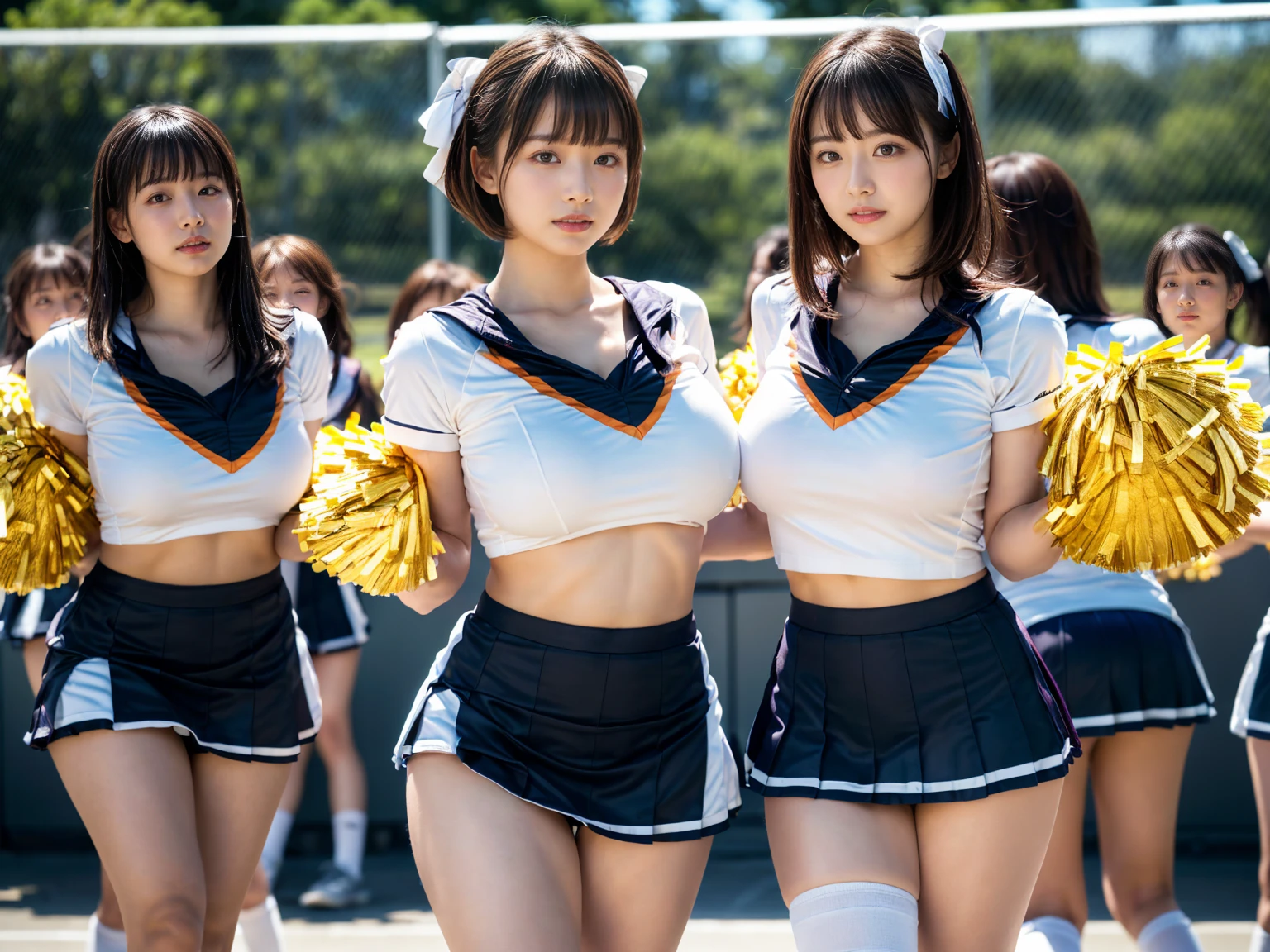 A beautiful Japanese girl dressed as a cheerleader gets covered in a huge amount of  during a night of training camp、Screaming  surrounded by men、Stay close to the man