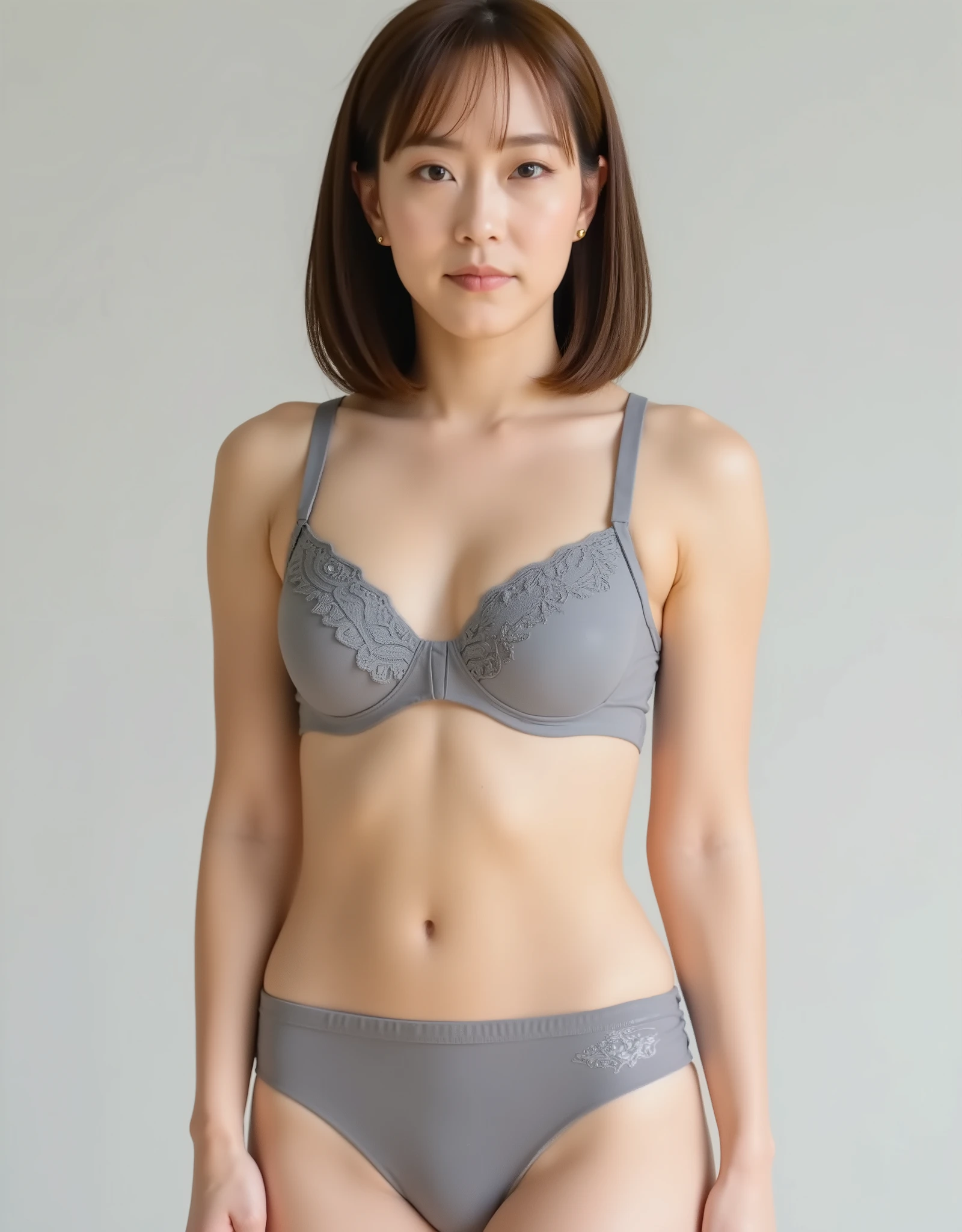 Kasumi Ishikawa,(Raw   Picture   real:1.6) live-action,   Picture  , Highest Quality,( cute girl、18 years old ), serious expression, 全身 Picture  , muscular body, ((( slender body))), (((Thin Waist))),(small breasts), focus on women,, ((Full body view )), (((I'm wearing a tight gray bra and panties with an elaborate design)))