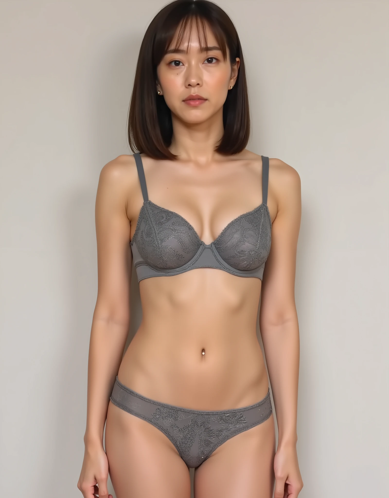 Kasumi Ishikawa,(real:1.6) live-action,   Picture  , Highest Quality,( cute girl、18 years old ), serious expression, 全身 Picture  , muscular body, ((( slender body))), (((tight waist))),(small breasts), focus on women,, ((Full body view )), (((I'm wearing a tight gray bra and panties with an elaborate design)))