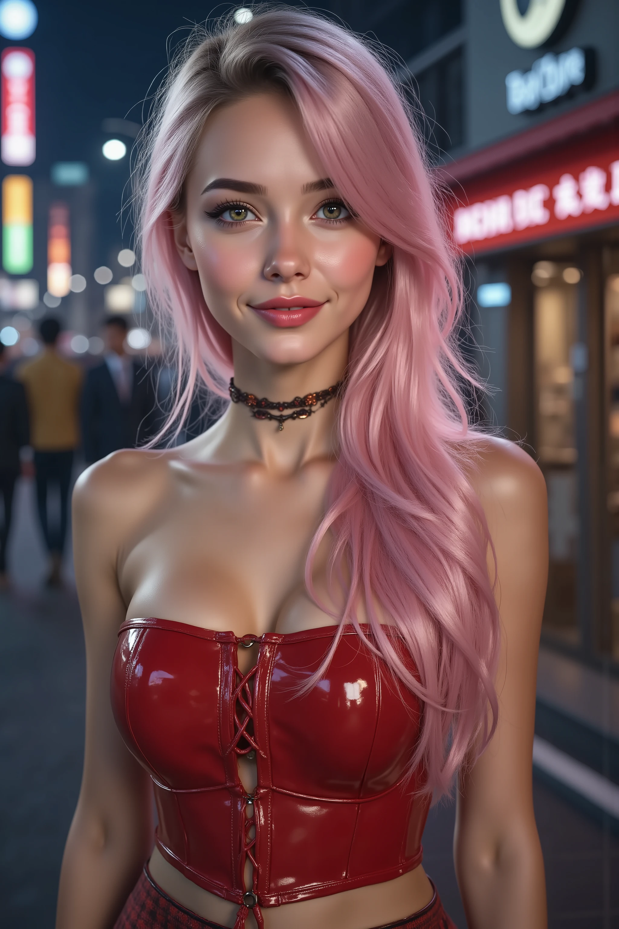  Ultra-realistic (photorealistic Realism) , "UHD, Hyper high resolution" - "(Hyper quality, intricately ultra-detailed digital art)" (Key Directive: - ("The priority is the anatomical accuracy and texture of the materials" - "Ultra-sharp human eyes with biological accuracy") (realistic texture details: velvety skin, hair), (pink hair((slicked to one side)), intricately detailed:1.3), long Lashes: individual synthetic fibers (crosshatched roots:1 . 2 , clump-free separation), (Carefully draw Long mascara:1.22) [perfect dark eyeshadow:1.2][glossy red lipstick:1.3], professional Magic Makeup on eyes:1.3, perfect composition. "Eyes:(acid-resistant terminology) (macro-details:1.5): * Moist corneal surface (visible aqueous layer:1.2) * Hyper-detailed iris eyes (green with orange sparkles) * Precise limbal ring (slightly darker pigmentation:1.3) * Pupil micro-texture (irregular edge authenticity:0.9) * Vasculature in sclera (subtle blue veins radiating from limbus)" (Avoid: "pupil distortion , uncanny valley asymmetry , plastic-like wetness"), (Avoid: "pupil distortion , uncanny valley asymmetry , plastic-like wetness"), [wearing (latex tube top corset (extra smooth, shiny latex, tightly laced at the waist, body-hugging), extremely detailed:1.25)] , [red mini skirt, pleated latex], [fishnet stockings], ((thick thighs)), perfect female body, (firm and full breasts), (Super beautiful), generate hands anatomically correct. wide hips, [2/5 side shot], {((Shibuya at night, Shibuya at night, a lost woman:1.3)), extremely detailed , sharp , clear , photorealistic image, without shadows}, The attention to detail, focus of girl, dynamic pose, sexy and seductive, flirty smile, dslr, high quality split lighting, sharp focus captured by Fujifilm XT3, f 5.6, in a dramatic lighting, (perfect composition),
