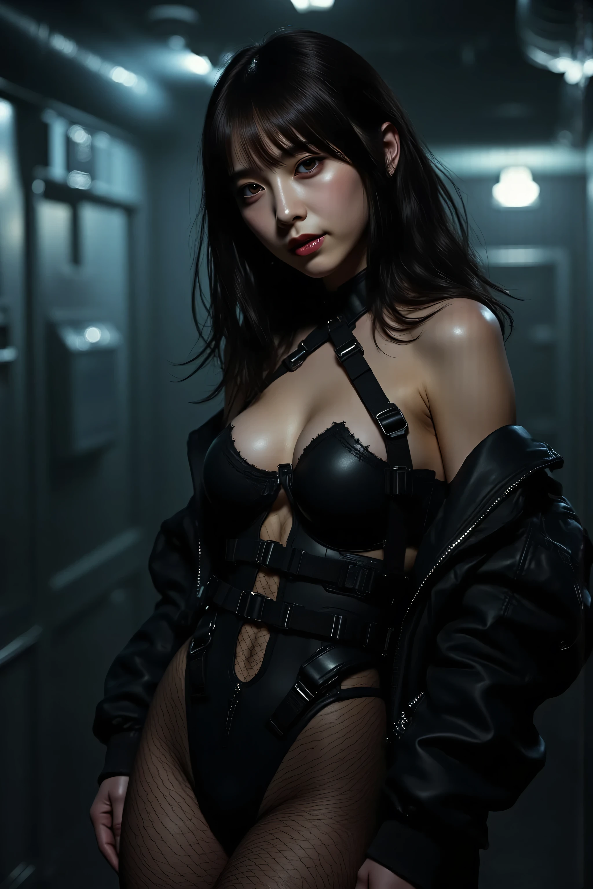 (((The pitch-dark interior of the Nostromo ship:2.0))),(((HR Gigger Style Cyberpunk Atmosphere:2.0))),one woman,(cute faces getting creampied:1.5),(Beautiful well-balanced face :1.7),((long wavy hair:2.0)),(dark haired:1.5),(beautiful eyes:1.3),Glamorous Shot of a 20-Year-Old Japanese Woman,Beautiful Slender Body,((model body type:2.0)),((slim body:1.7)),perfect body line,ideal proportions,((big breasts:2.0)),((F cup chest:1.5)),big boobs,Bare thighs,sensual thighs,delicate body,(muscular:1.7),Harmonious Postures,((Realistic breast depiction :1.7)),((Carefully Depict Limbs Based on Perfect Anatomy:2.0)),((Super Hi-Leg Leotard with Black Special Forces Style Harness:2.0)),((super high leg leotard with wide open chest:2.0)),((((Black Military Jacket with Open Front:2.0))),((tactical holster:2.0)),(((Fishnet tights with garter belt:2.0))),(Gloves:1.3),Concept Art,(Highest Quality:1.5),(masterpiece:1.5),(超高Resolution),Resolution,UHD,(Delicate Description),carefully drawn,32k,((realistic skin texture:1.5)),(((Ultra Realistic:1.5))),carefully drawn eyelashes, Highly detailed faces,highly detailed female hands,sexy appearance,very sensual,(Blurry, dim background:1.5),professional photography,(Movie Lights:2.0),((Blade Runner Style Lighting:2.0))