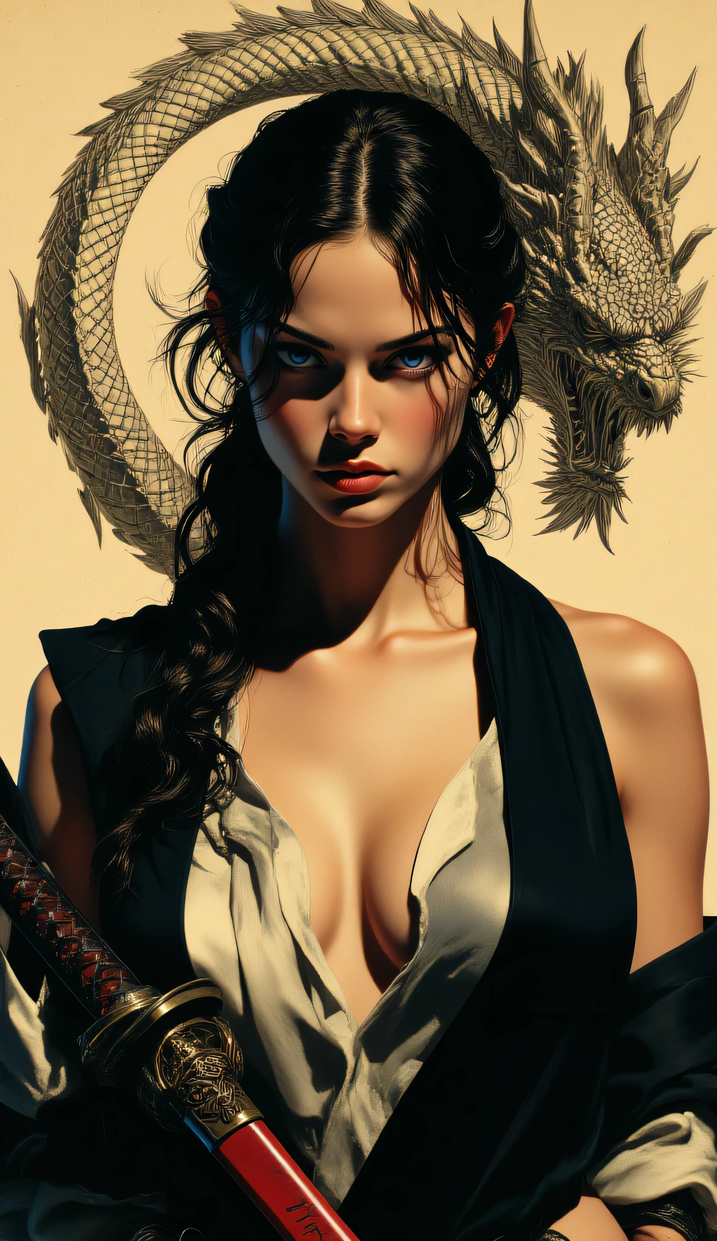 Portrait of a Samurai Woman, intense and penetrating expression, vivid blue eyes, long flowing black hair. She wears a light sleevesless and open kimono in black. She holds a katana with a red hilt resting in the middle of her breasts, the tip pointing down. Sfondo: Monochrome sketch of a dragon that flanks the figure. Dramatic and cinematic lighting, warm and golden hue (seppia/ottone). Stile artistico: Hyper-detailed photorealistic, illustrativo, High quality digital painting, science fiction art/fantasy. very high resolution, sharp focus, dettagli fini, bird's-eye view.