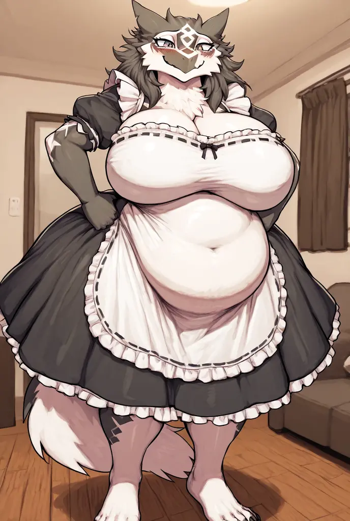 (Morbidly obese:1,1)1girl, solo(masterpiece, best quality:1.4), illustration, 8k, hd, 1girl, solo, short_messy_hair, red_hair, dress, white_thighhighs, no , short_sleeves, frills, apron, brown_eyes, cleavage, metal_collar, anchor_choker, maid, white maid, ((big , angry, delinquent, bully, piercing, smirk)), (restaurant, maid cafe) Round face, double chin, fat chin, fat cheeks, fat neck, round face, SSBBW, flabby arms, round face, double chin, fat double chin, big double chin, fat neck, chubby cheeks, fat thighs, fat calves, morbidly obese, flabby , giant , large belly, obese, fat face, belly, double chin, obesity, flabby , fat arms and legs, fat everything,