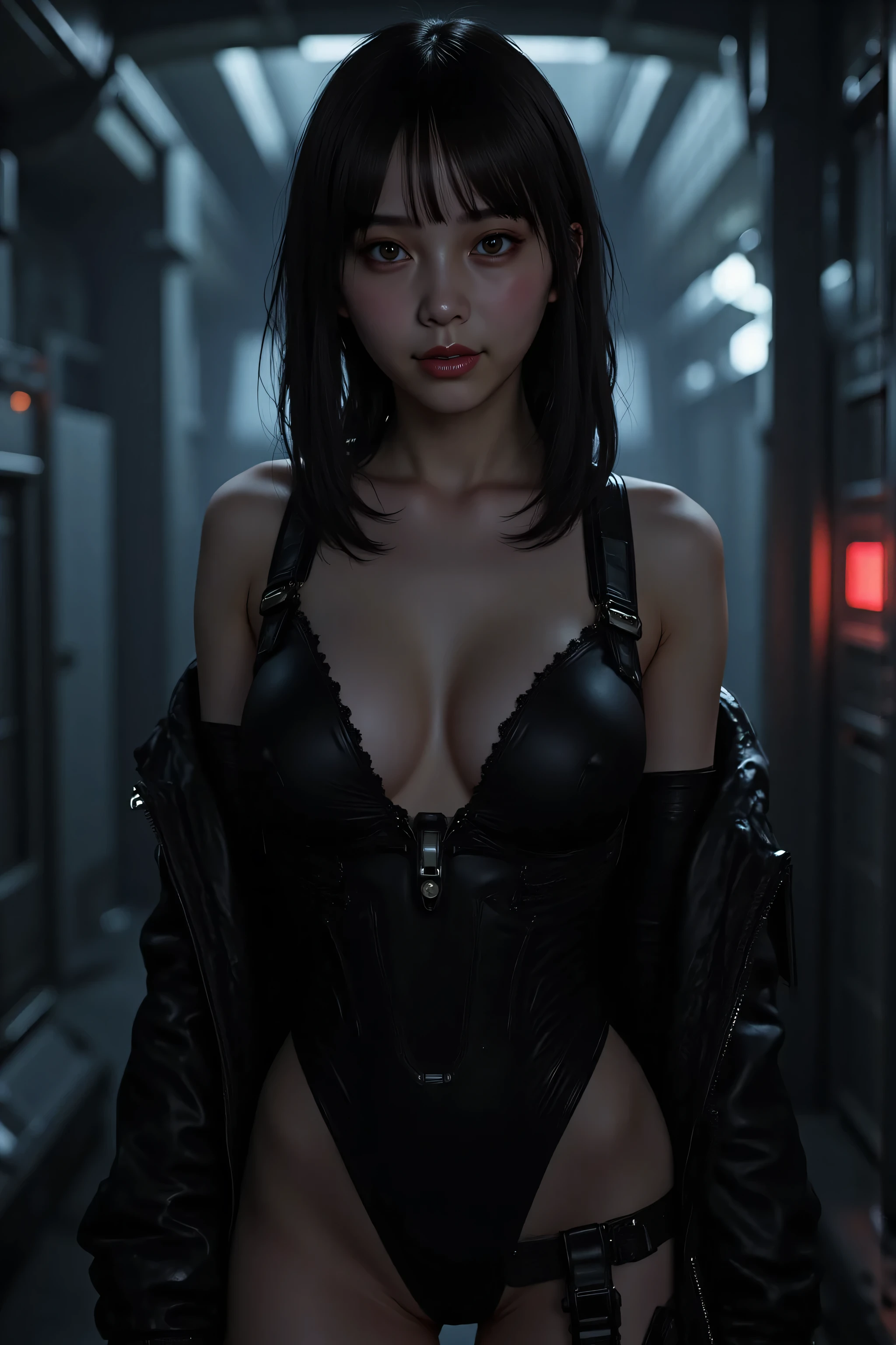 (((The pitch-dark interior of the Nostromo ship:2.0))),(((HR Gigger Style Cyberpunk Atmosphere:2.0))),one woman,(cute faces getting creampied:1.5),(Beautiful well-balanced face :1.7),((long wavy hair:2.0)),(dark haired:1.5),(beautiful eyes:1.3),Glamorous Shot of a 20-Year-Old Japanese Woman,Beautiful Slender Body,((model body type:2.0)),((slim body:1.7)),perfect body line,ideal proportions,((big breasts:2.0)),((F cup chest:1.5)),big boobs,Bare thighs,sensual thighs,delicate body,(muscular:1.7),Harmonious Postures,((Realistic breast depiction :1.7)),((Carefully Depict Limbs Based on Perfect Anatomy:2.0)),((Super Hi-Leg Leotard with Black Special Forces Style Harness:2.0)),((super high leg leotard with wide open chest:2.0)),((((Black Military Jacket with Open Front:2.0))),((tactical holster:2.0)),(((Fishnet tights with garter belt:2.0))),(Gloves:1.3),Concept Art,(Highest Quality:1.5),(masterpiece:1.5),(超高Resolution),Resolution,UHD,(Delicate Description),carefully drawn,32k,((realistic skin texture:1.5)),(((Ultra Realistic:1.5))),carefully drawn eyelashes, Highly detailed faces,highly detailed female hands,sexy appearance,very sensual,(Blurry, dim background:1.5),professional photography,(Movie Lights:2.0),((Blade Runner Style Lighting:2.0))