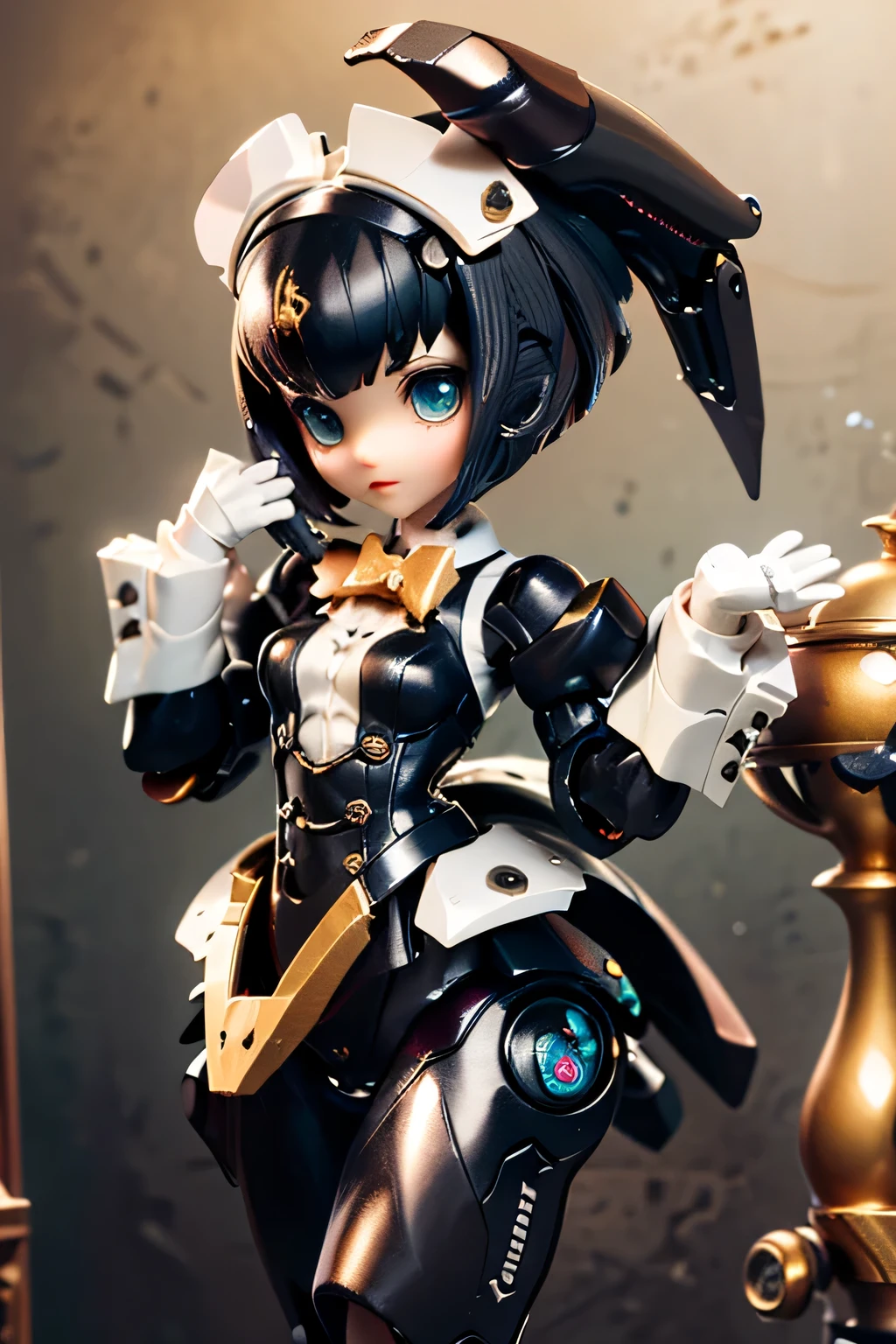 create detailed images。one woman。robotgirl。steampunkai。Black straight short bob。Victorian maid robot。brass frame with plant motifs。