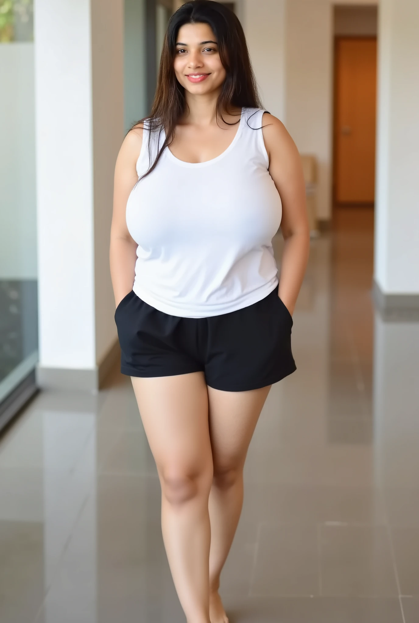 Showing milky big thighs, huge voluptuous breast, kerala ,female is with chubby face broad jawline,wet black hairs,No make up face,no lipstic lips,, huge voluptuous breast, curvy,wearing white oversized sleeveless t shirt ( no tug inside) black sleepwear cotton shorts,figure,seductive eyes, sultry, look at viewer,walking in kerala living room.full size photo.looking straight, eyes straight.