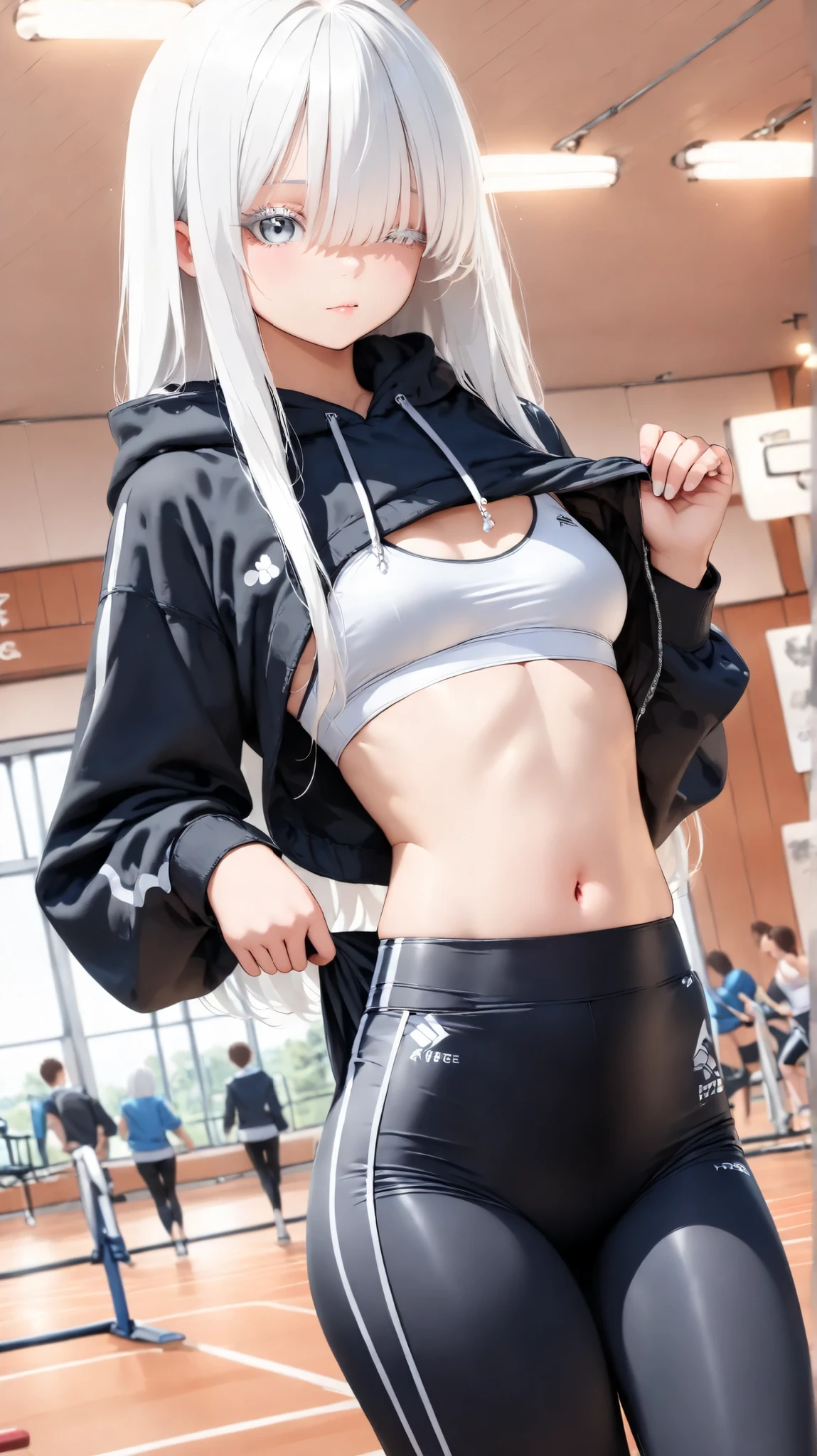 ((masterpiecce, best quality, cinematic lighting、2.5D、1girl, only girl)) ((white hair、White eyelashes、one eye hidden by long bangs、small breasts)) (black hoodie、Black Leggings、white sports bra、Monochrome Outfit) (dim sports gym background 、with a faint、blurry、focus on people、portrait、close-up、Dramatic pictures、Dutch Angle) ((a young woman casually tugging on the hem of her hoodie with her thumb, slightly lifting it, revealing a hint of her midriff, herselfs)) tugging on the hem of hoodie