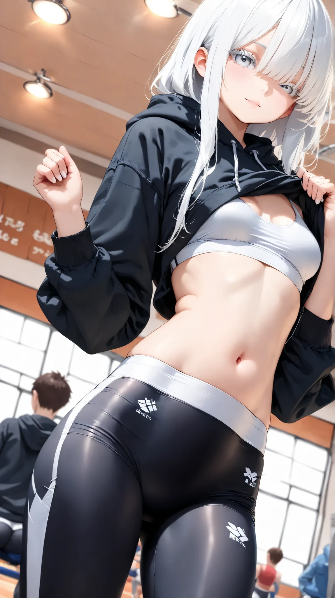 ((masterpiecce, best quality, cinematic lighting、2.5D、1girl, only girl)) ((white hair、White eyelashes、one eye hidden by long bangs、small breasts)) (black hoodie、Black Leggings、white sports bra、Monochrome Outfit) (dim sports gym background 、with a faint、blurry、focus on people、portrait、close-up、Dramatic pictures、Dutch Angle) ((a young woman casually tugging on the hem of her hoodie with her thumb, slightly lifting it, revealing a hint of her midriff, herselfs)) tugging on the hem of hoodie