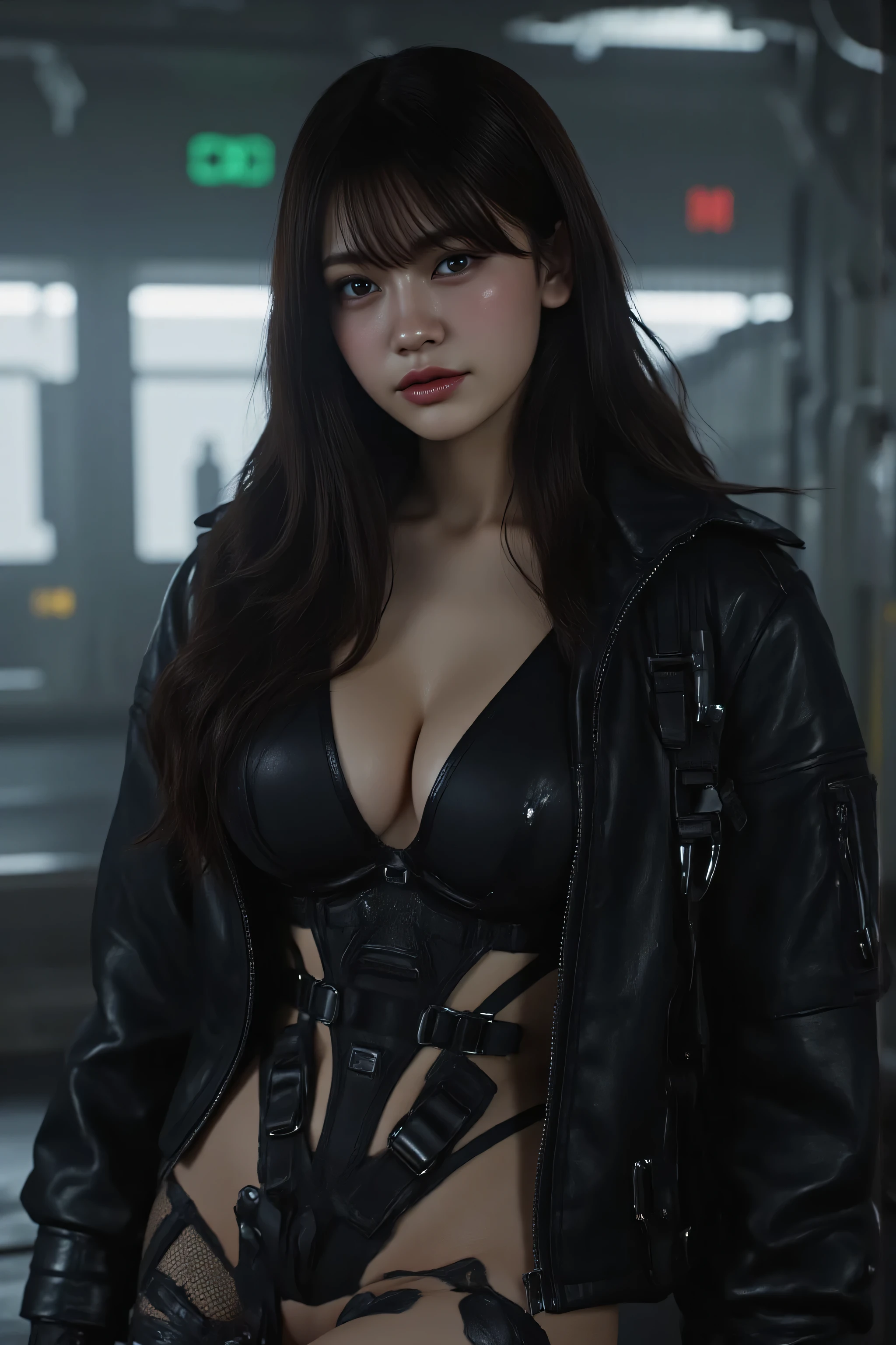 (((The pitch-dark interior of the Nostromo ship:2.0))),(((HR Gigger Style Cyberpunk Atmosphere:2.0))),one woman,(cute faces getting creampied:1.5),(Beautiful well-balanced face :1.7),((wavy black hair:2.0)),(beautiful eyes:1.3),Glamorous Shot of a 20-Year-Old Japanese Woman,Beautiful Slender Body,((model body type:2.0)),((slim body:1.7)),perfect body line,ideal proportions,((big breasts:2.0)),((F cup chest:1.5)),big boobs,Bare thighs,sensual thighs,delicate body,(muscular:1.7),Harmonious Postures,((Realistic breast depiction :1.7)),((Carefully Depict Limbs Based on Perfect Anatomy:2.0)),((Super Hi-Leg Leotard with Black Special Forces Style Harness:2.0)),((super high leg leotard with wide open chest:2.0)),((((Black Military Jacket with Open Front:2.0))),((tactical holster:2.0)),(((Fishnet tights with garter belt:2.0))),(Gloves:1.3),Concept Art,(Highest Quality:1.5),(masterpiece:1.5),(超高Resolution),Resolution,UHD,(Delicate Description),carefully drawn,32k,((realistic skin texture:1.5)),(((Ultra Realistic:1.5))),carefully drawn eyelashes, Highly detailed faces,highly detailed female hands,sexy appearance,very sensual,(Blurry, dim background:1.5),professional photography,(Movie Lights:2.0),((Blade Runner Style Lighting:2.0))