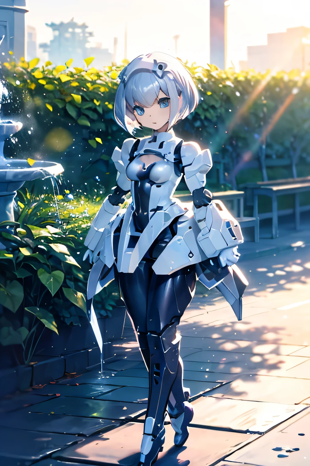 create detailed images。one woman。robotgirl。Silvery straight short bob。Strolling along the 。The background is an elegant garden with bright sunlight。White bench。An elegant fountain。