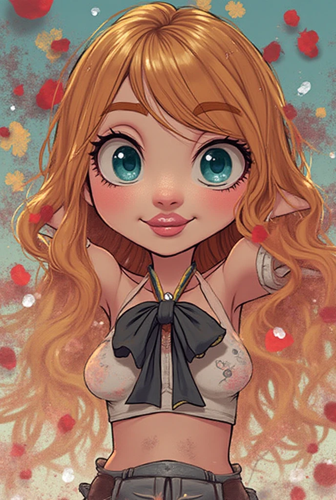 A wonderful thin girl of 14 years old with curly hair and a small smile looks at the camera and seduces her, the girl is excited and beautiful, she is dressed in a very short and revealing top , breasts visible 