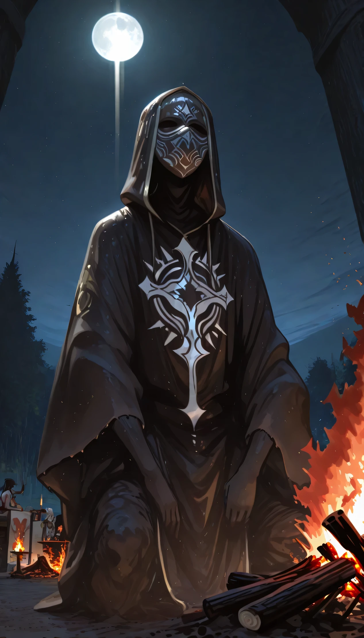 Madman dancing like crazy in front of a bonfire altar、Papua New Guinea Madman、wears a mask made of mud、On a completely dark night, only the light of a bonfire illuminates the surroundings、Has a tattoo of faith in the Earth、 white sickle