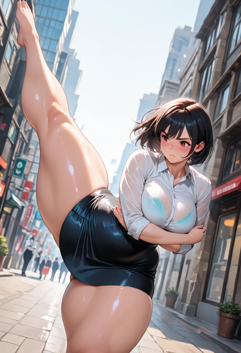 (masterpiece, best quality:1.2), Shader, front shot, 1girl, kawaii, (super ???????????, micro waist, very long legs:1.3), Black hair, short bob hair, short height, scrawny and thin body, Light Skin, cute big eyes, cute beautiful thin face, shorts, pigeon-toed, wet and sweaty, big visible ribs, V sign, Trembling