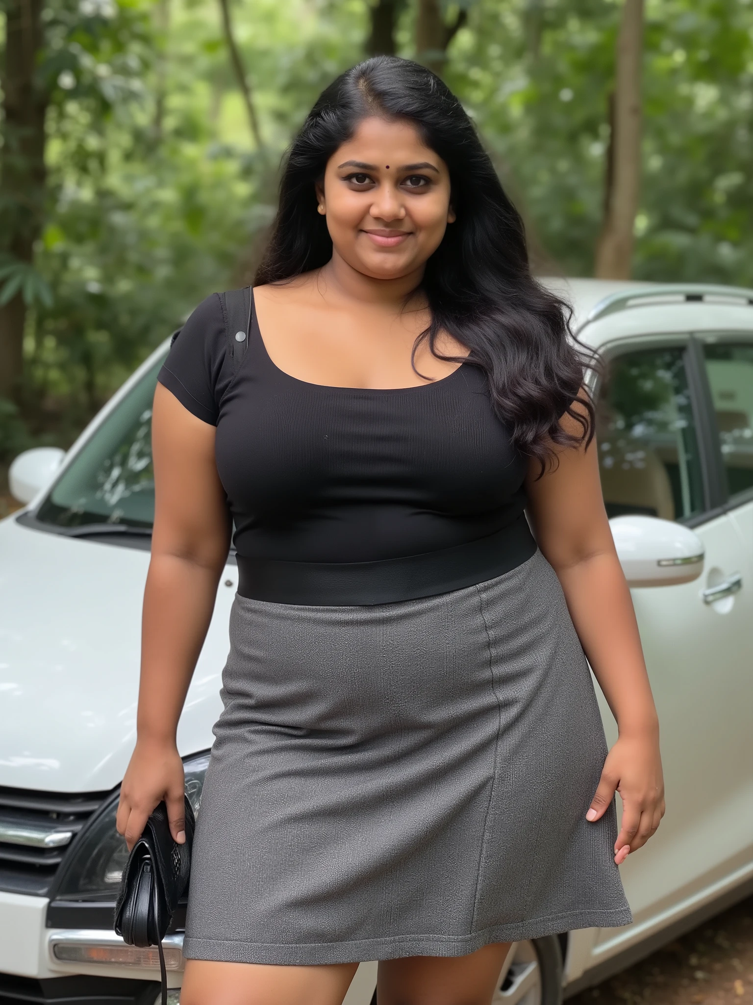 kerala young female reshma. Reshma is curvy shaped.reshma is average sized body. perfectly fit body figure with milf breast and indian fair skin tone and black hair.wearing too short tight gray skirt and small straps black blouse outdoor.her suzuki wagon R car next to her.Realistic photo.Realistic photo. High quality photo.photo taken in nikon camera.full size photo.forest area