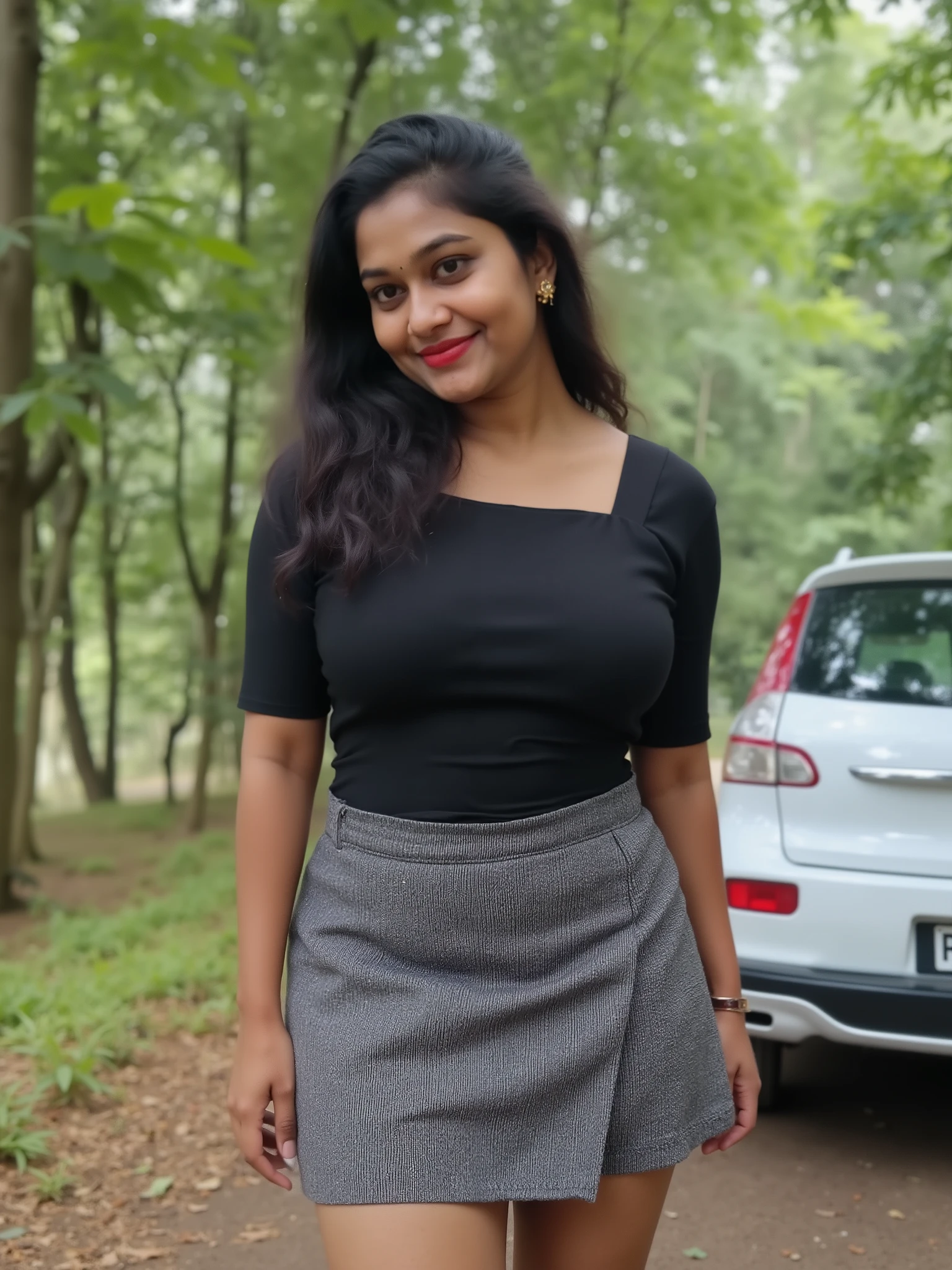 kerala young female reshma. Reshma is curvy shaped.reshma is average sized body. perfectly fit body figure with milf breast and indian fair skin tone and black hair.wearing too short tight gray skirt and small straps black blouse outdoor.her suzuki wagon R car next to her.Realistic photo.Realistic photo. High quality photo.photo taken in nikon camera.full size photo.forest area