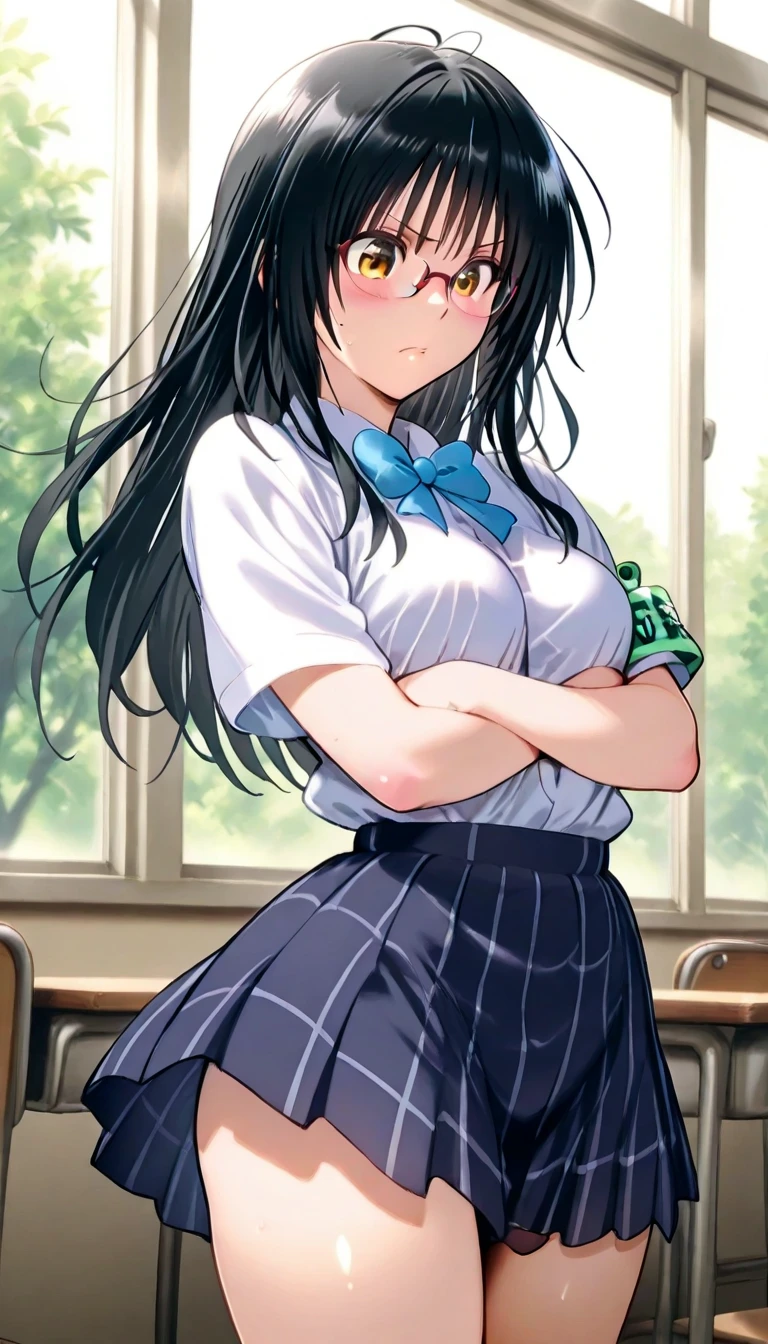 Yuikotegawa, yui kotegawa, Black Hair, (Brown eyes:1.5), Long Hair,
break green skirt, Plaid, Plaid skirt, sainan high school uniform, school uniform, skirt, Sweater vest, (Yellow Sweater:1.3), Short sleeve,
break indoors, classroom,
break looking at viewer, (Cowboy Shot:1.5),
break (masterpiece:1.2), Highest quality, High resolution, unity 8k wallpaper, (figure:0.8), (Beautiful attention to detail:1.6), Highly detailed face, Perfect lighting, Highly detailed CG, (Perfect hands, Perfect Anatomy),,Large 