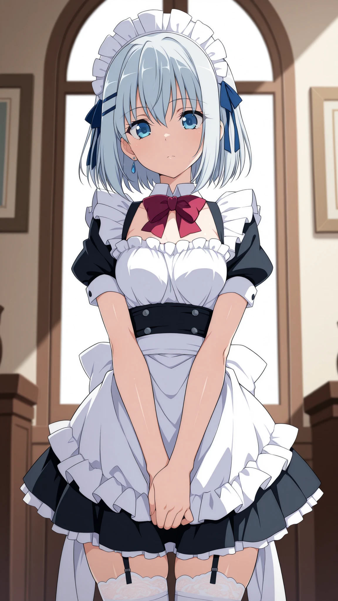 (masterpiece), (best quality), (ultra-detailed), maidOrigami, tobiichi origami, source_anime, score_9, score_8_up, score_7_up, 1girl, solo, looking at viewer, short hair, blue eyes, hair between eyes, standing, indoors, zettai ryouiki, maid, maid headdress, garter straps, own hands together, ori_hairclip, maid bowtie, maid thighhighs, maid apron, maid hair ribbon, illustration, disheveled hair, detailed eyes, perfect composition, moist skin, intricate details, earrings