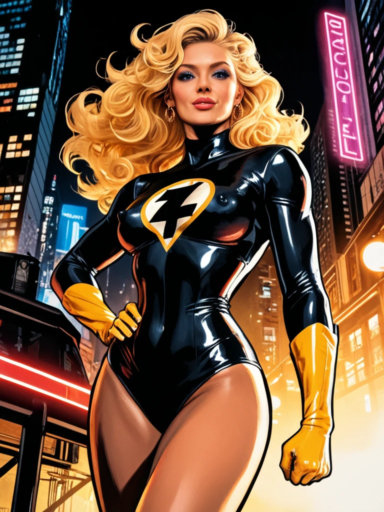 hot blonde in see-through black dress, with occult and satanic symbols in her back, going away through a dar road, back view, lightening, stormy sky, epic composition, cinematic, studio lighting, volumetric lighting, masterpiece, movie poster, comic style