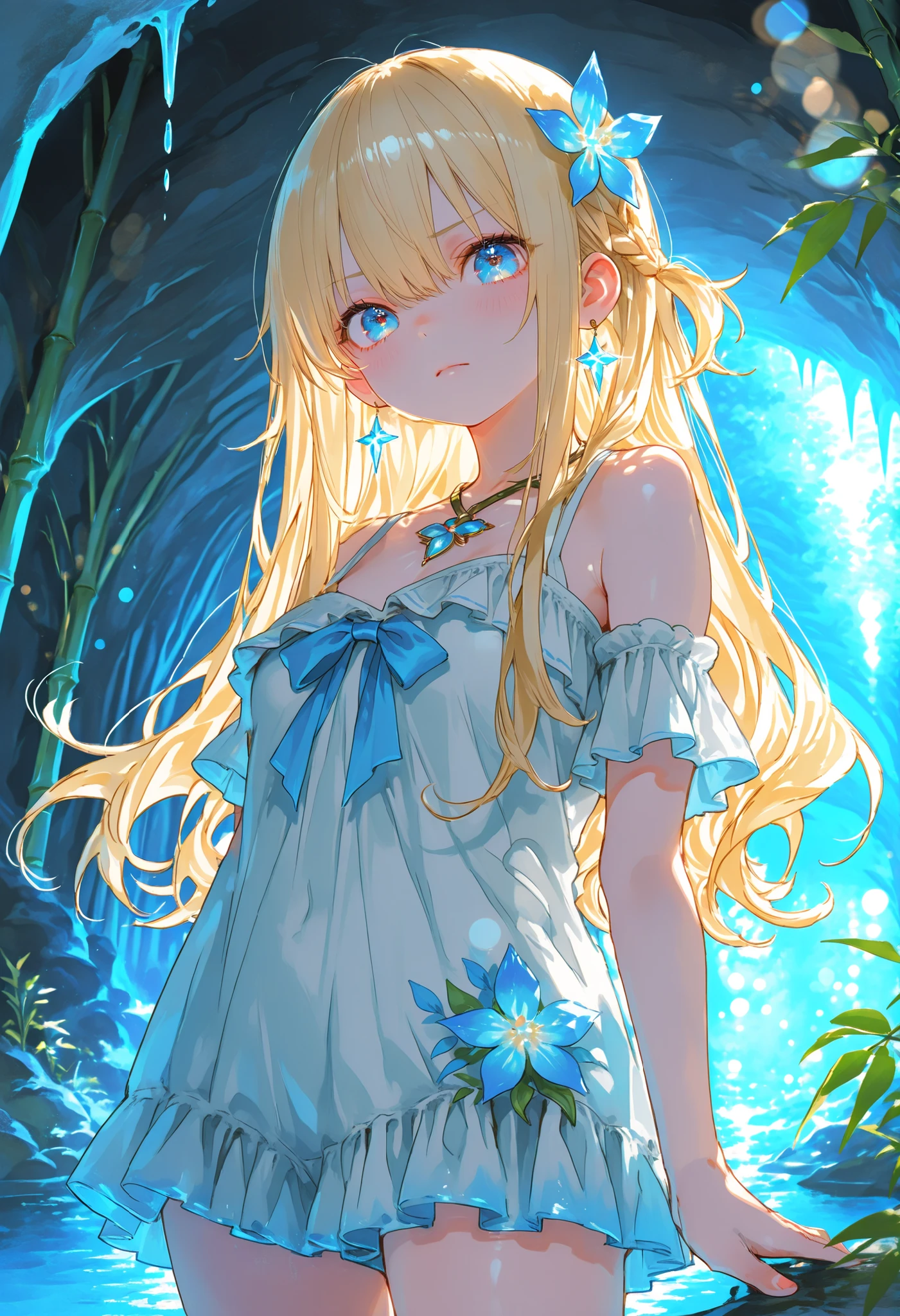 A girl who goes on an adventure in a huge underground cave in search of sparkling ores、cowboy shot、slender body、serious expression、Attitudes Like Leading Explorers、Bright Ore Shining in the Dark、A fantastic underground lake、 Chokehole、Stalagmite 、Beautiful Scenery Woven by Ice Bamboo Shoots、Complex Stratigraphic Structures Over Time、Mankind's First Subterranean Expedition、grand and mystical atmosphere high resolution、super definition、Realistic、High Quality、4K、Pictorial Texture、Professional Finish、soft lighting、Highly Detailed Paintings、physics-based rendering、vivid colors、bokeh