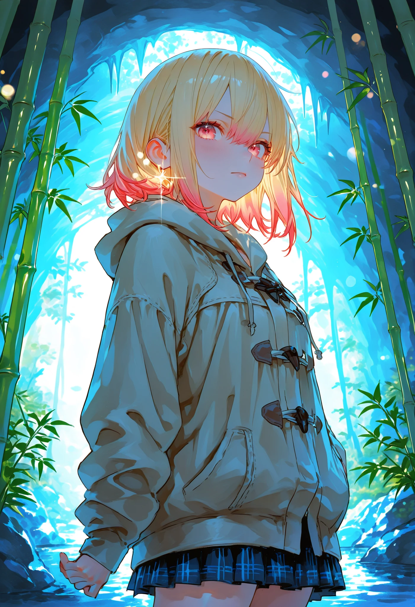 A girl who goes on an adventure in a huge underground cave in search of sparkling ores、cowboy shot、slender body、serious expression、Attitudes Like Leading Explorers、Bright Ore Shining in the Dark、A fantastic underground lake、 Chokehole、Stalagmite 、Beautiful Scenery Woven by Ice Bamboo Shoots、Complex Stratigraphic Structures Over Time、Mankind's First Subterranean Expedition、grand and mystical atmosphere high resolution、super definition、Realistic、High Quality、4K、Pictorial Texture、Professional Finish、soft lighting、Highly Detailed Paintings、physics-based rendering、vivid colors、bokeh