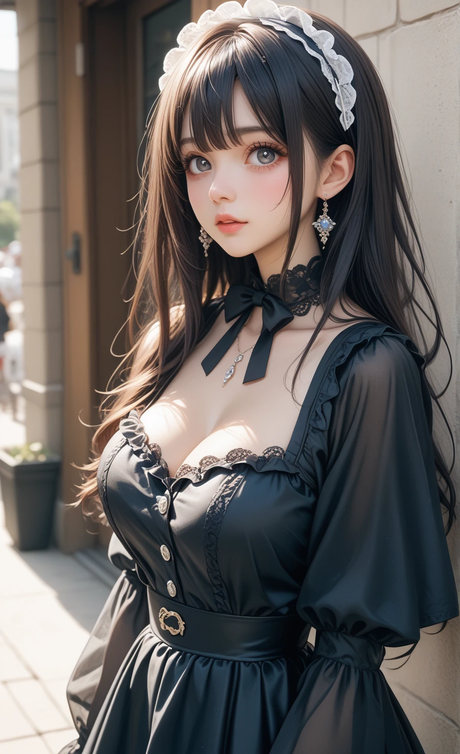 Innocent 18 year old girl、((Lolita Fashion,Gothic lolita,Black Green Gothic Lolita Dress,I can see the cleavage,Dramatic poses)),Smile,Twin-tailed,Curly hair,Background of Western-style buildings、Wooden wall background、Raw photo, (8K、top-quality、​masterpiece:1.2)、(intricate detailes:1.4)、(Photorealsitic:1.4)、octane renderings、Complex 3D rendering ultra detail, Studio Soft Light, Rim Lights, vibrant detail, super detailing, realistic skin textures, Detail Face, Beautiful detail eyes, Very detailed CG Unity 16k wallpaper, make - up, (detailedbackground:1.2), shinny skin, Full body、((From head to thigh))、cleavage of the ??????,((Pinching the ?????,Raising ???? thighs up,Angle looking down from above))